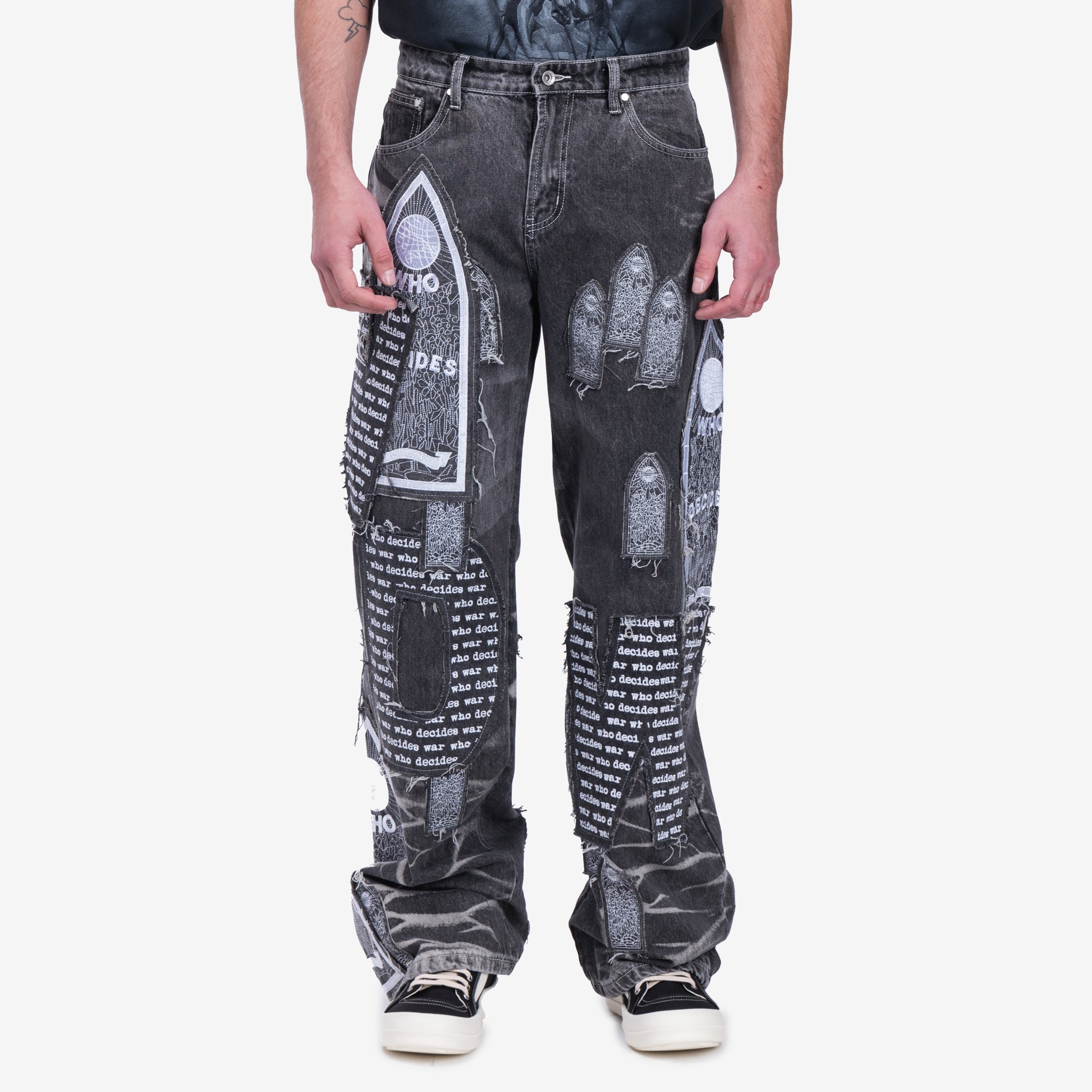 Who Decides War Motif Patched Jeans Vintage Grey - 1