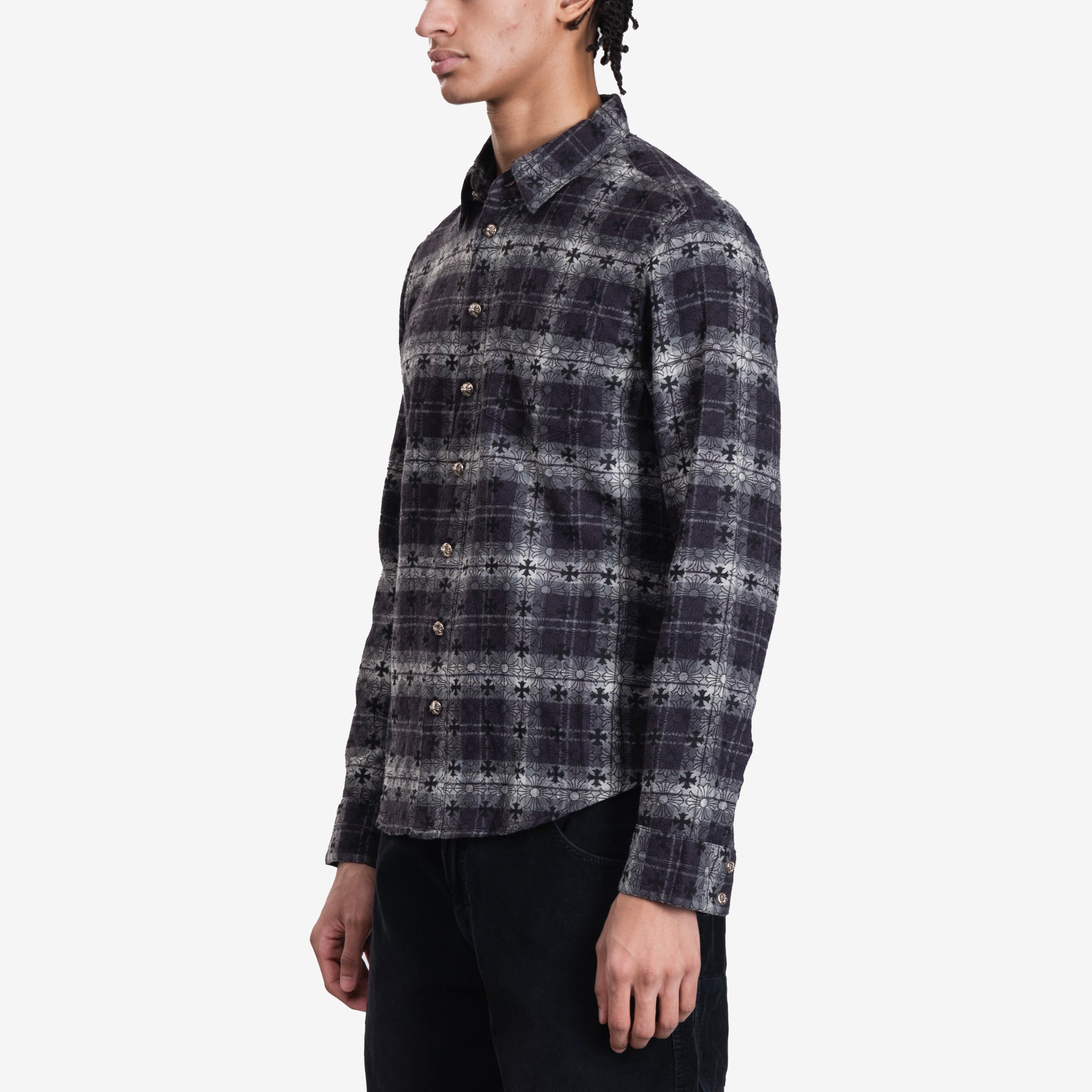 Chrome Hearts Loose Ends Cross Patch Flannel Shirt Black - 3
