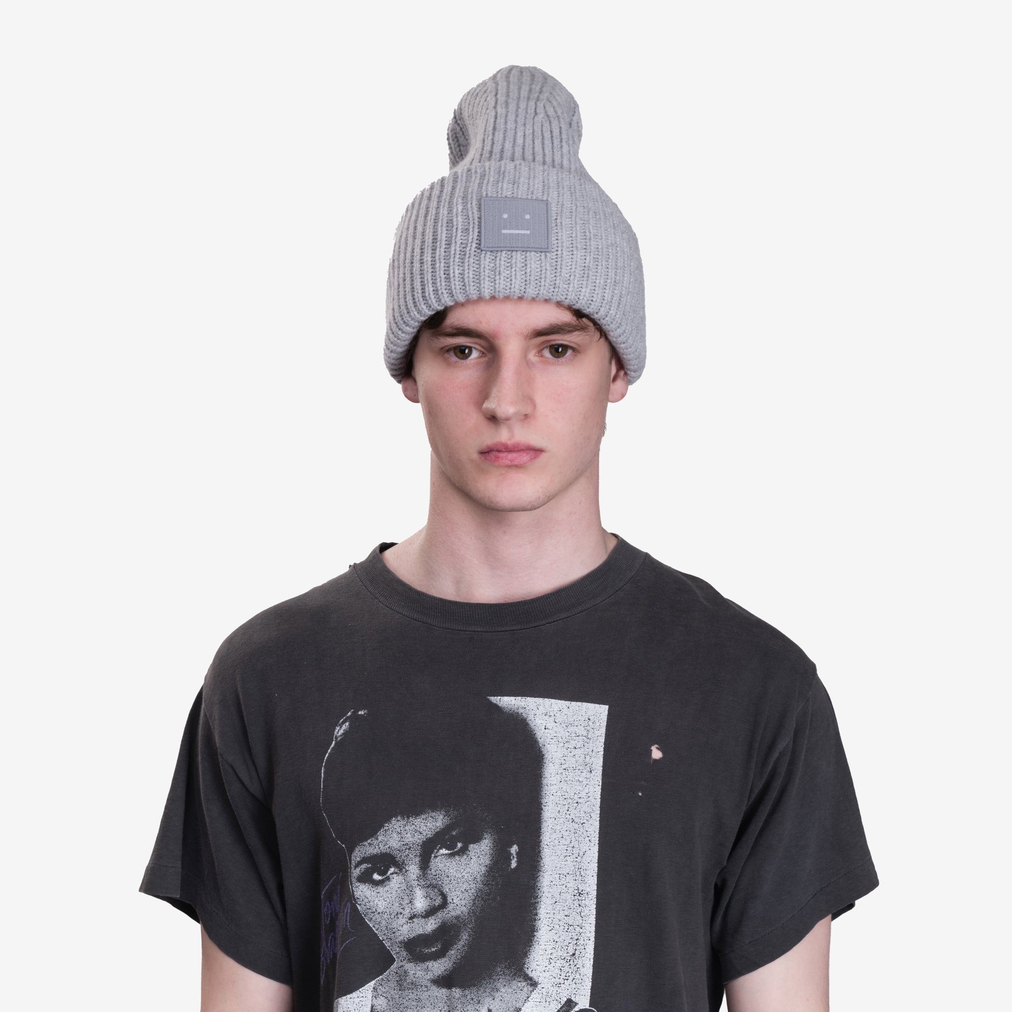 Acne Studios Large Face Logo Beanie Light Grey Melange - 2