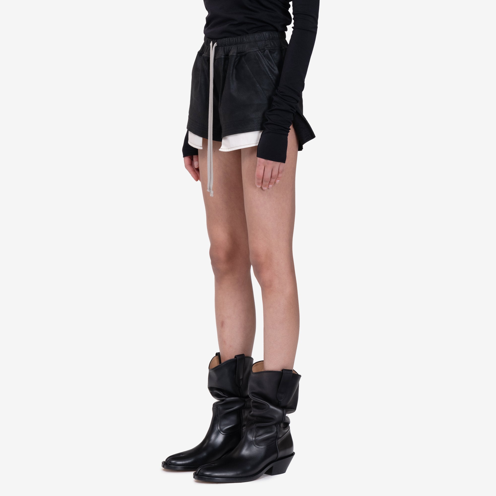 Rick Owens Womens Fog Boxer Leather Shorts in Black