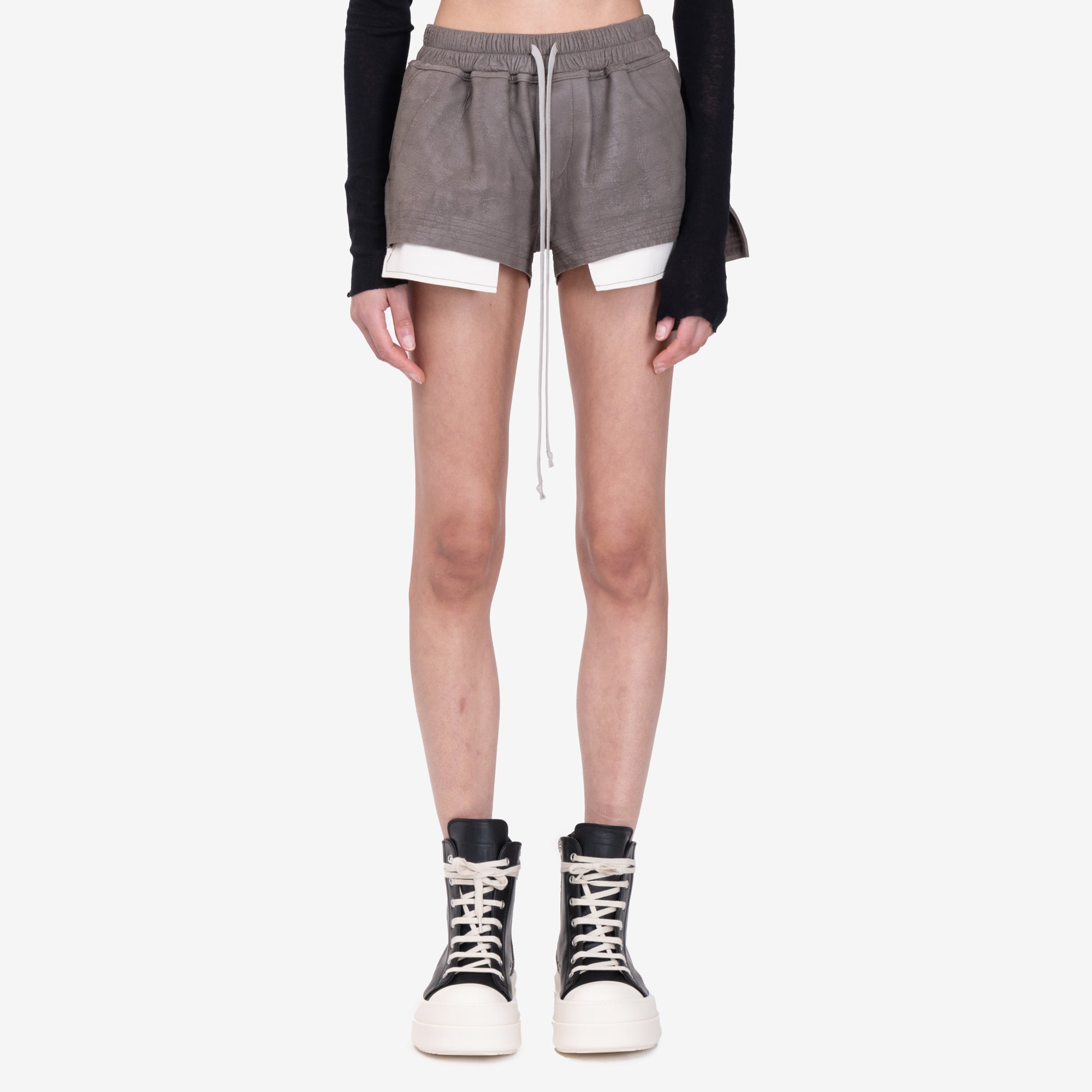 Rick Owens Womens Fog Boxers Leather Shorts Dust - 1
