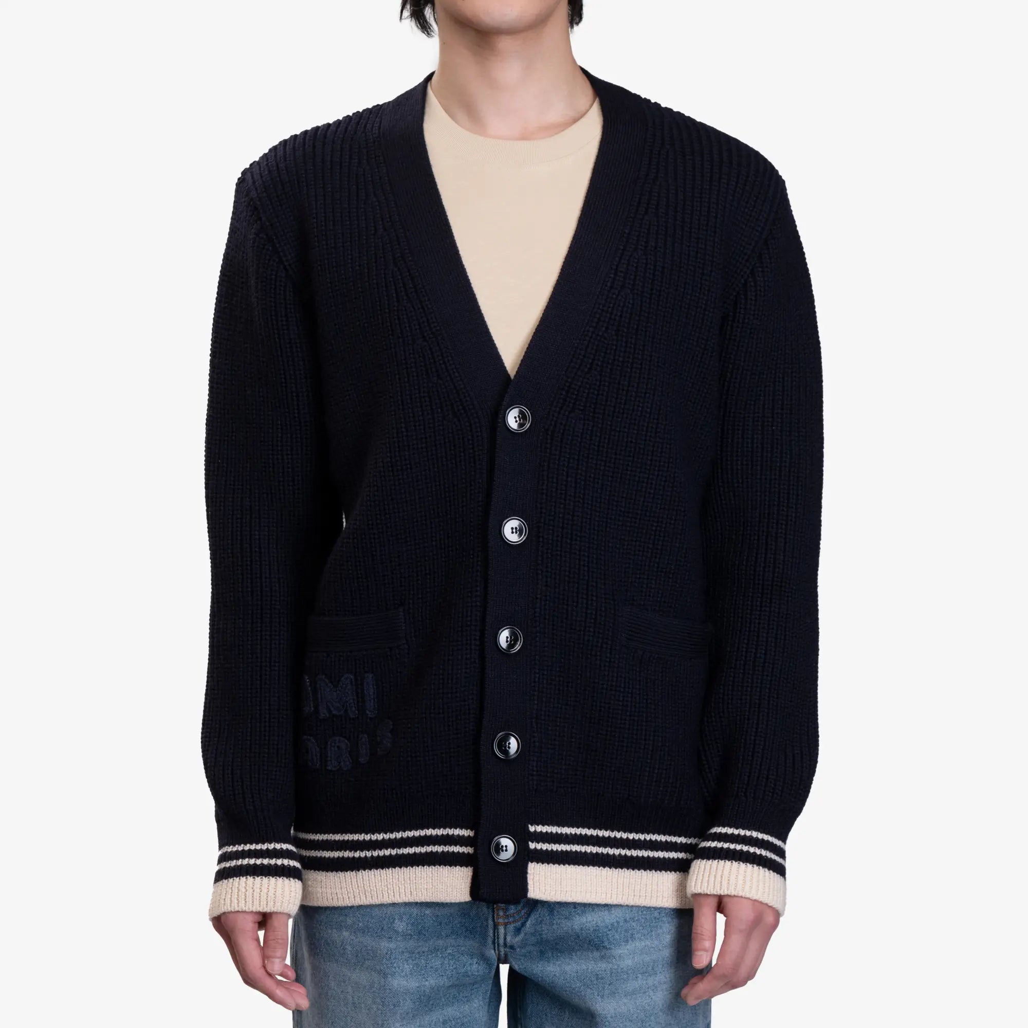 AMI Ribbed Cardigan Navy - 1
