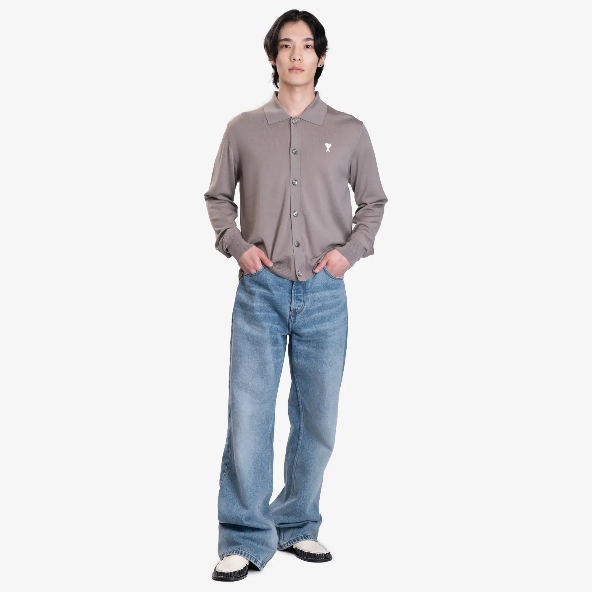 AMI Off White ADC Shirt Collar Cardigan Ash - 2