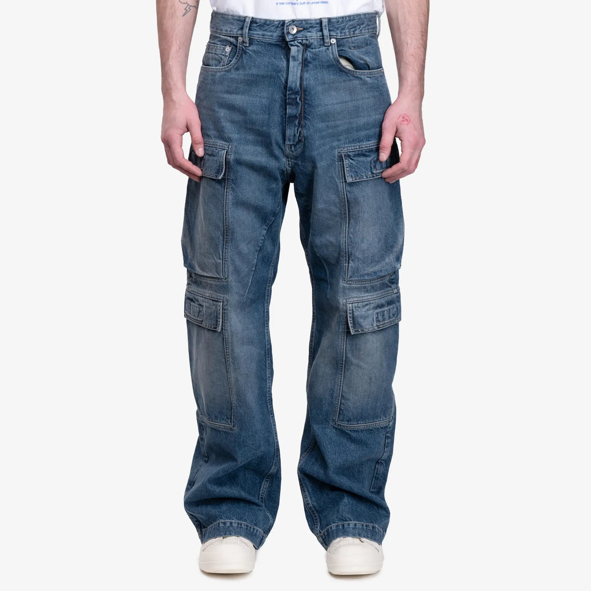 Rick Owens DRKSHDW Mens Double Cargo Jeans in Washed Indigo