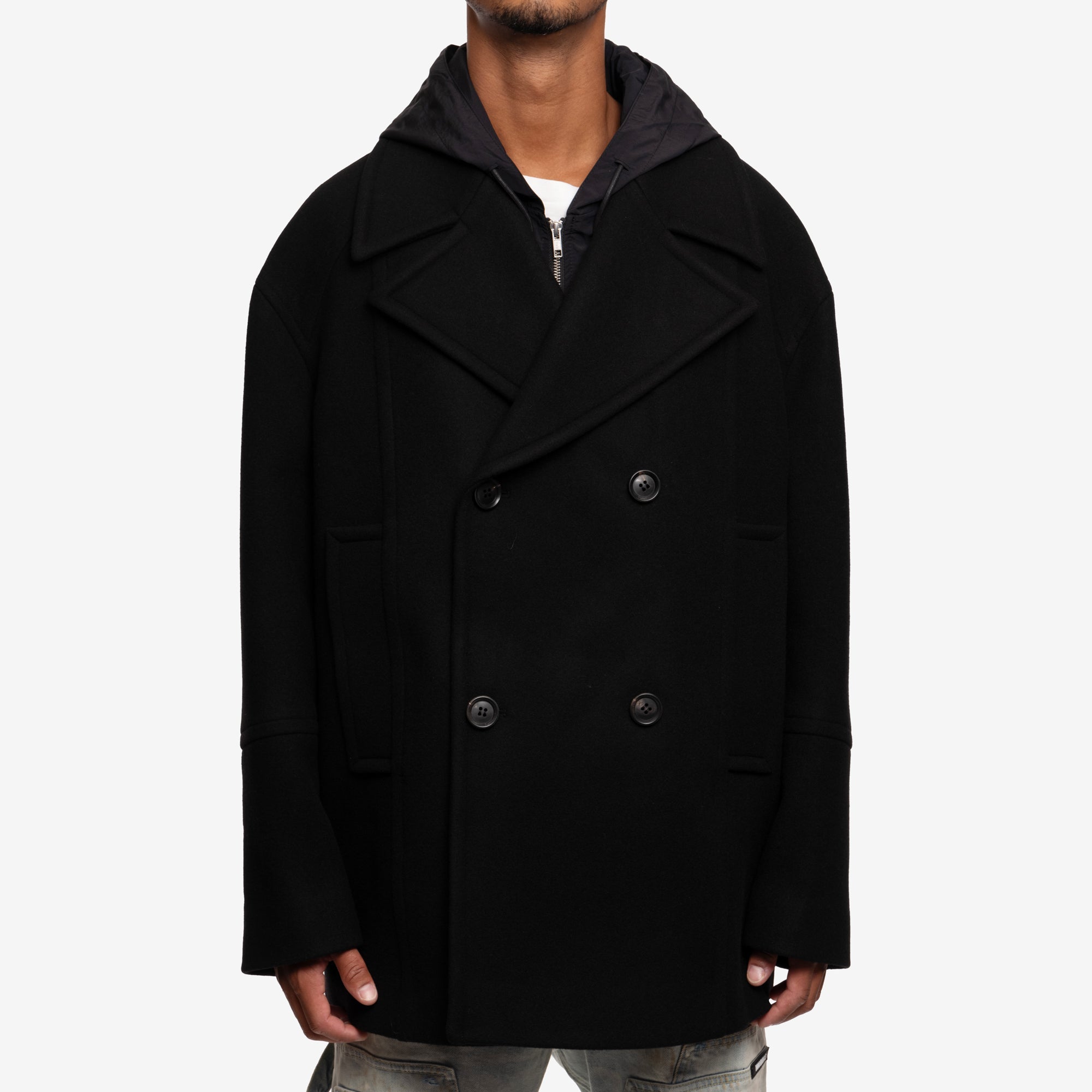 Juun.J Detachable Hood Felt Wool Peacoat Black - 1
