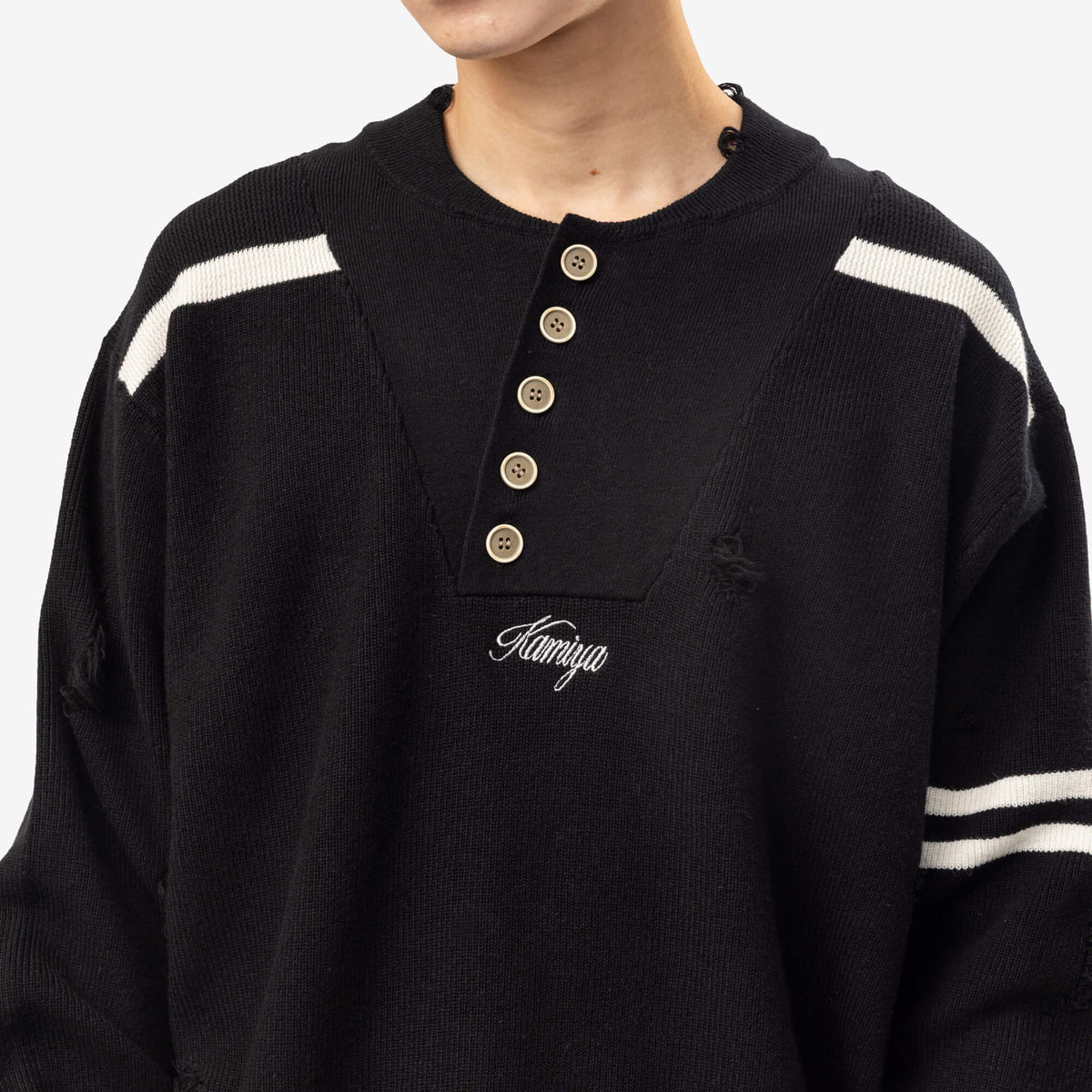 Kamiya Embroidered Army Henley Knit Sweater Black-5