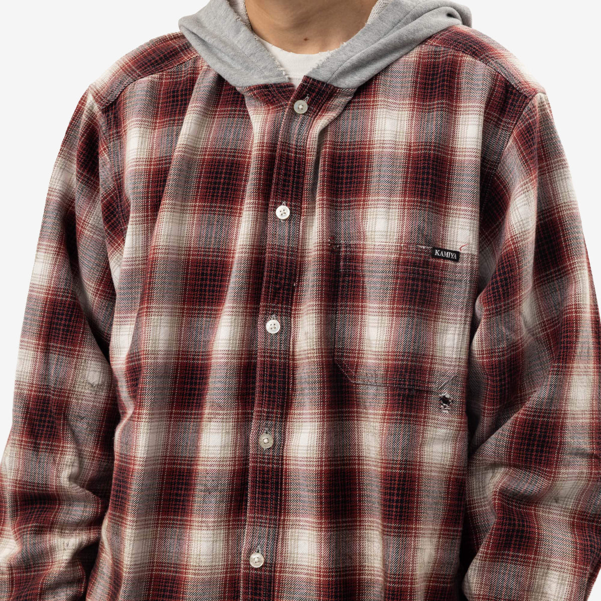 Kamiya OG Check Sun Faded Hooded Shirt Red-5