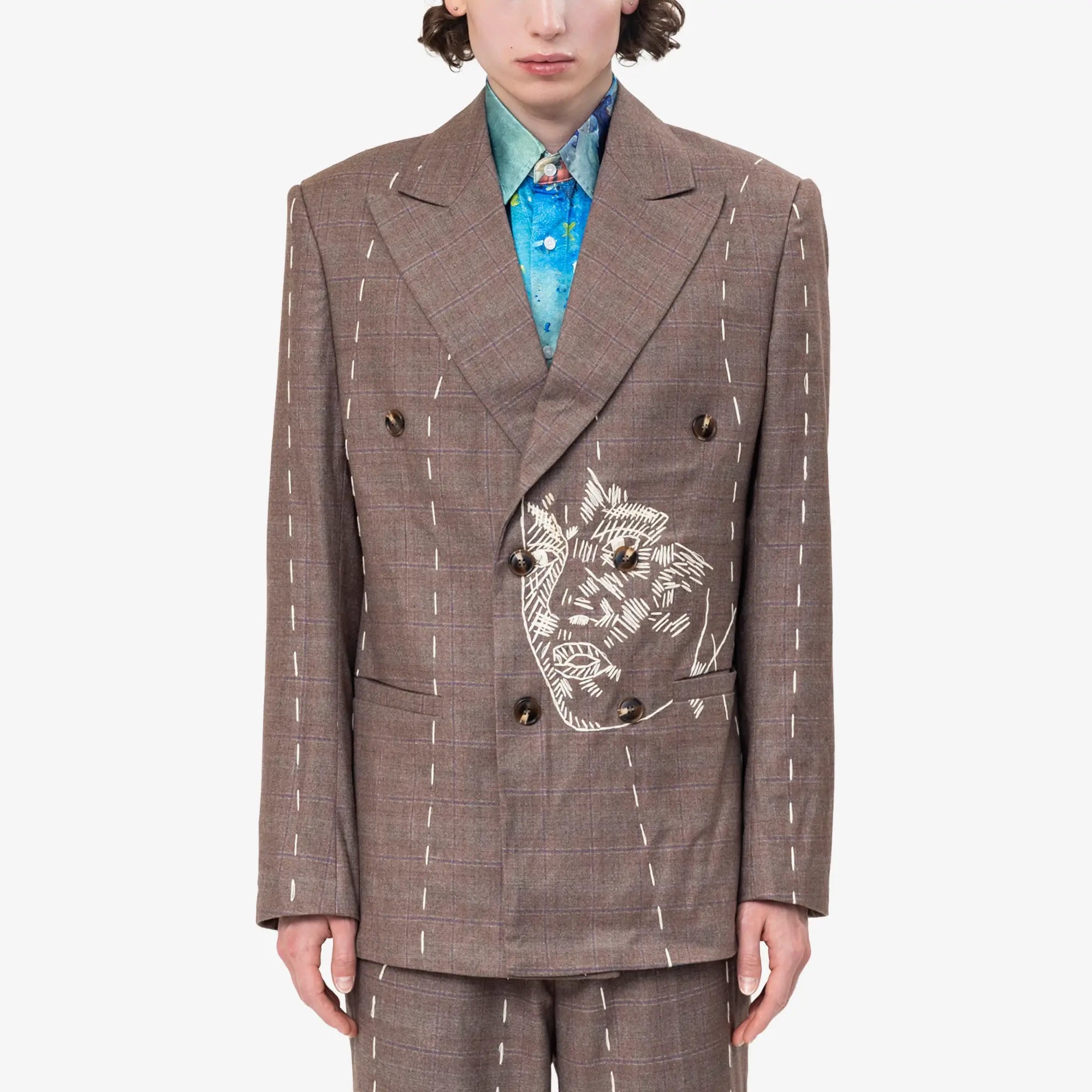 KidSuper Face Embroidered Blazer Brown - 1