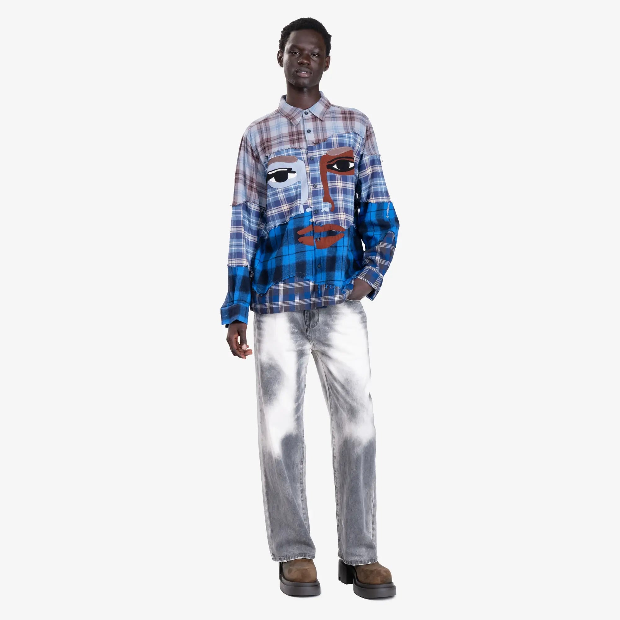 KidSuper Face Patchworked Flannel Blue - 2
