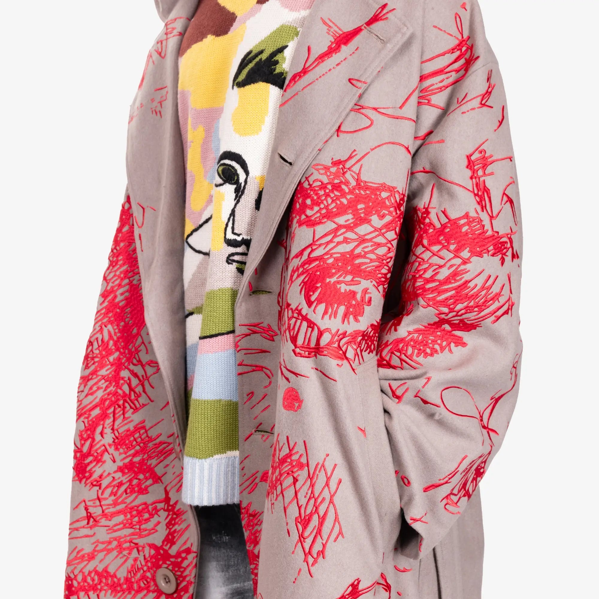 KidSuper Hatched Emb Face Trench Coat Cream - 5