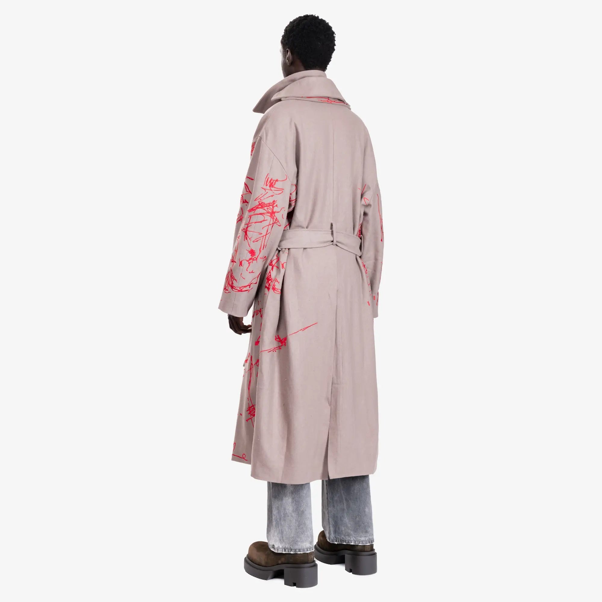 KidSuper Hatched Emb Face Trench Coat Cream - 4