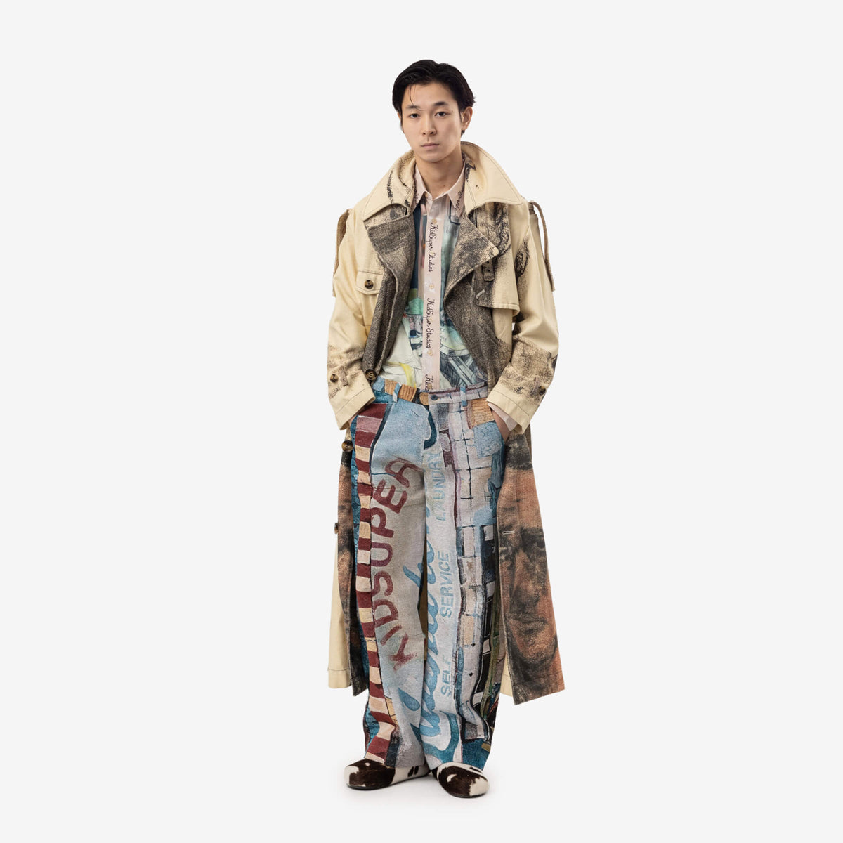 KidSuper Sketched Faced Trenchcoat Cream/Multi-2