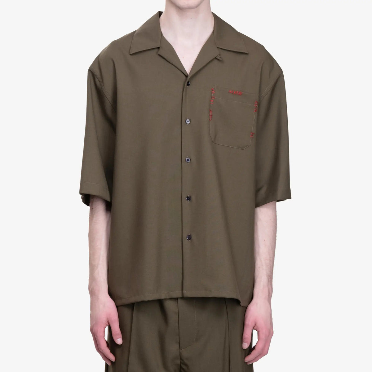 MARNI Mens Tropical Wool Bowling Shirt in Deep Sage