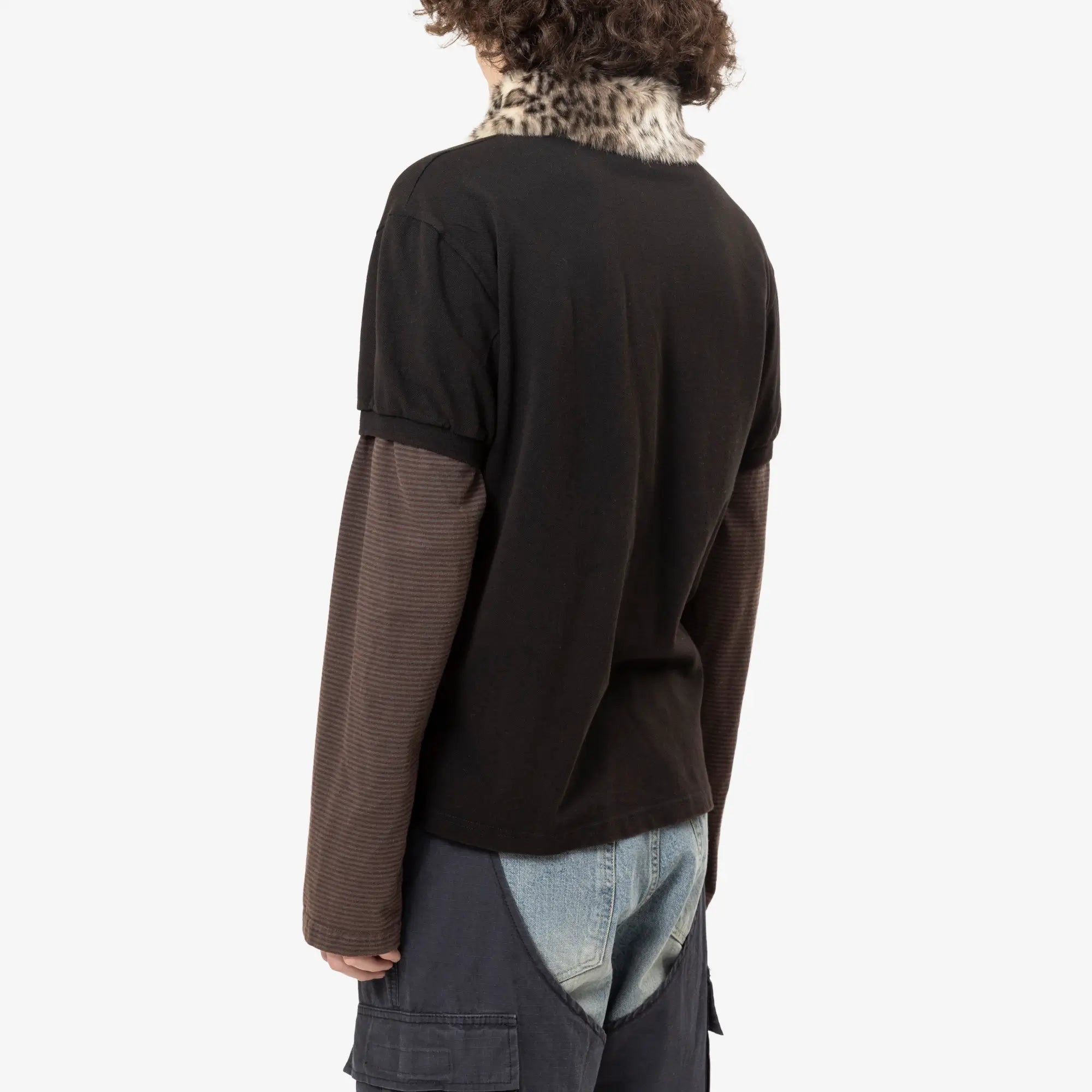 Protocol Index Fur Collar Layered Polo T-Shirt Black - 4