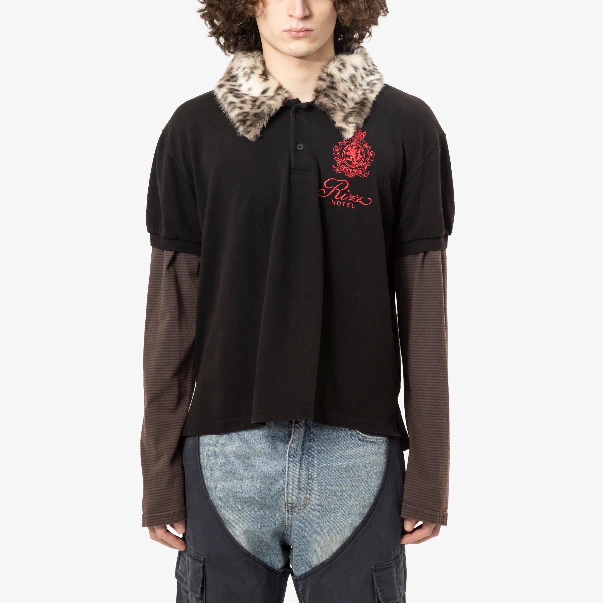 Protocol Index Fur Collar Layered Polo T-Shirt Black - 1