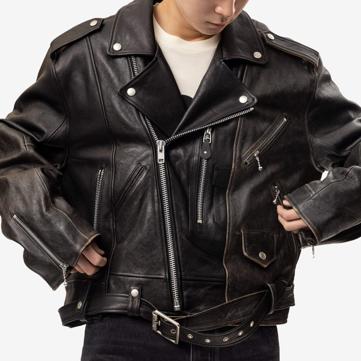 Protocol Index Reconstructed Leather Biker Jacket Black-5