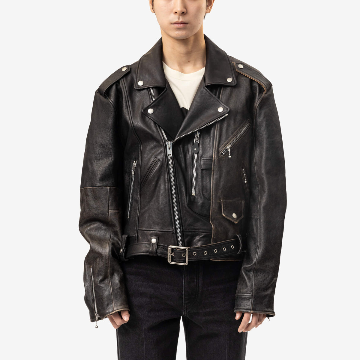 Protocol Index Reconstructed Leather Biker Jacket Black-1