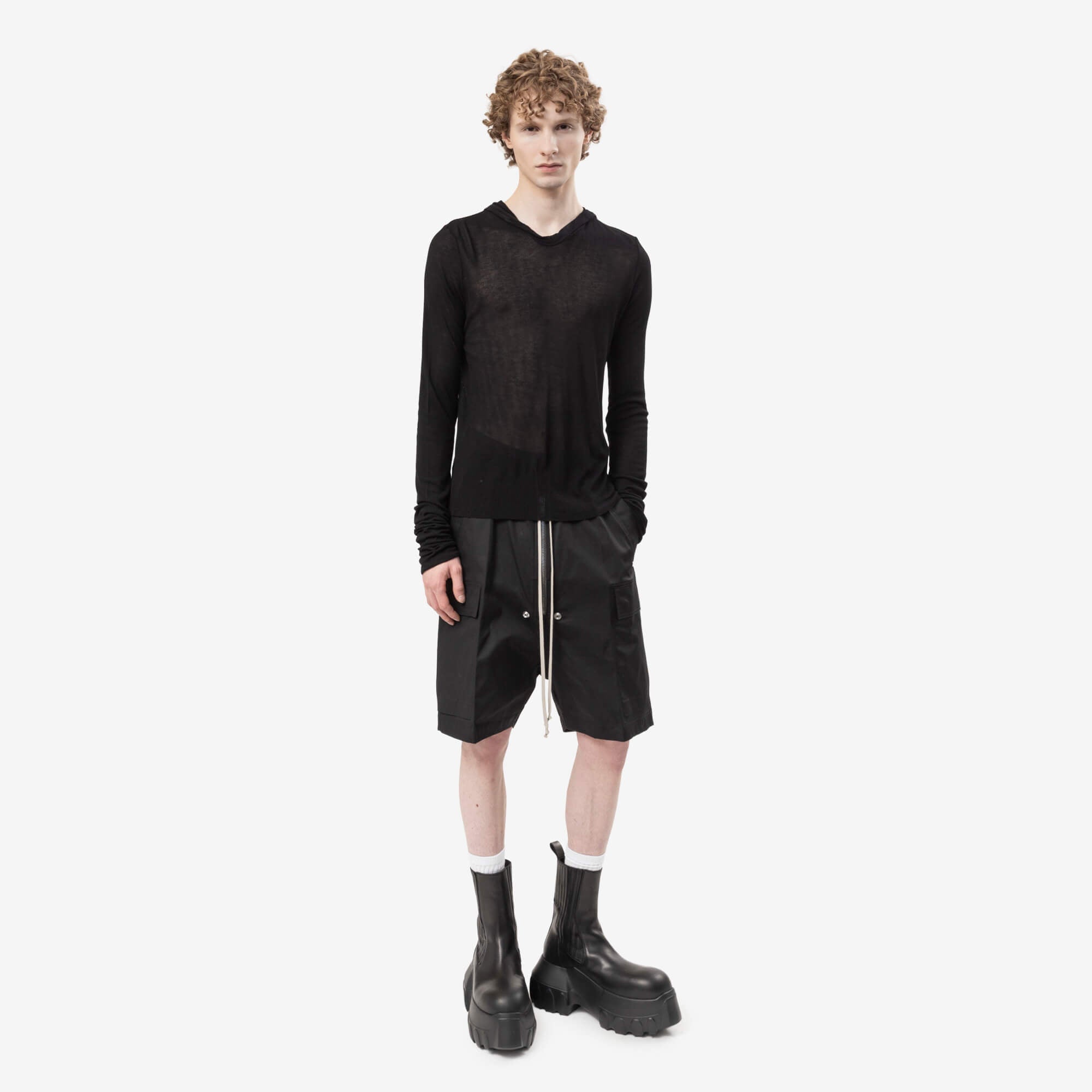 Rick Owens Cropped Hooded Rib Long Sleeve T-Shirt Black-2