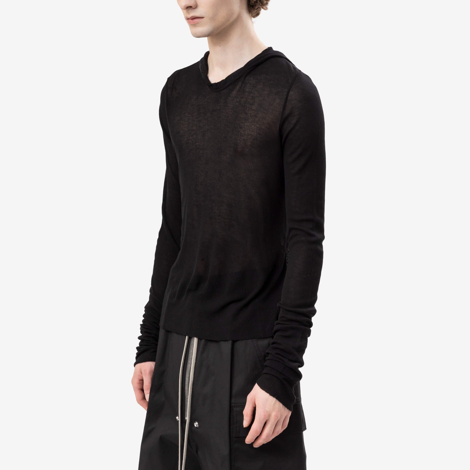 Rick Owens Cropped Hooded Rib Long Sleeve T-Shirt Black-3