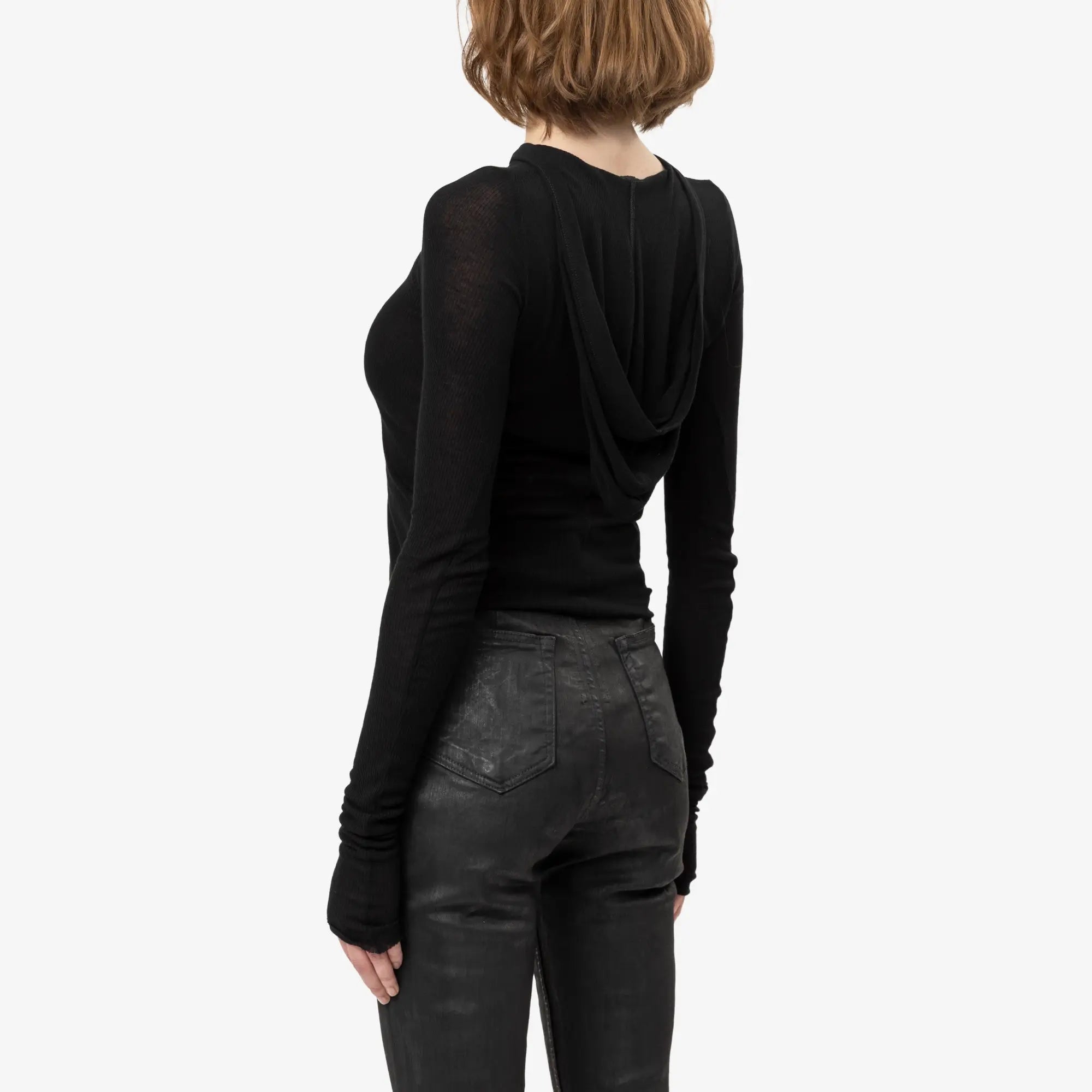 Rick Owens Womens Cropped Hooded Rib LS Tee Black - 4