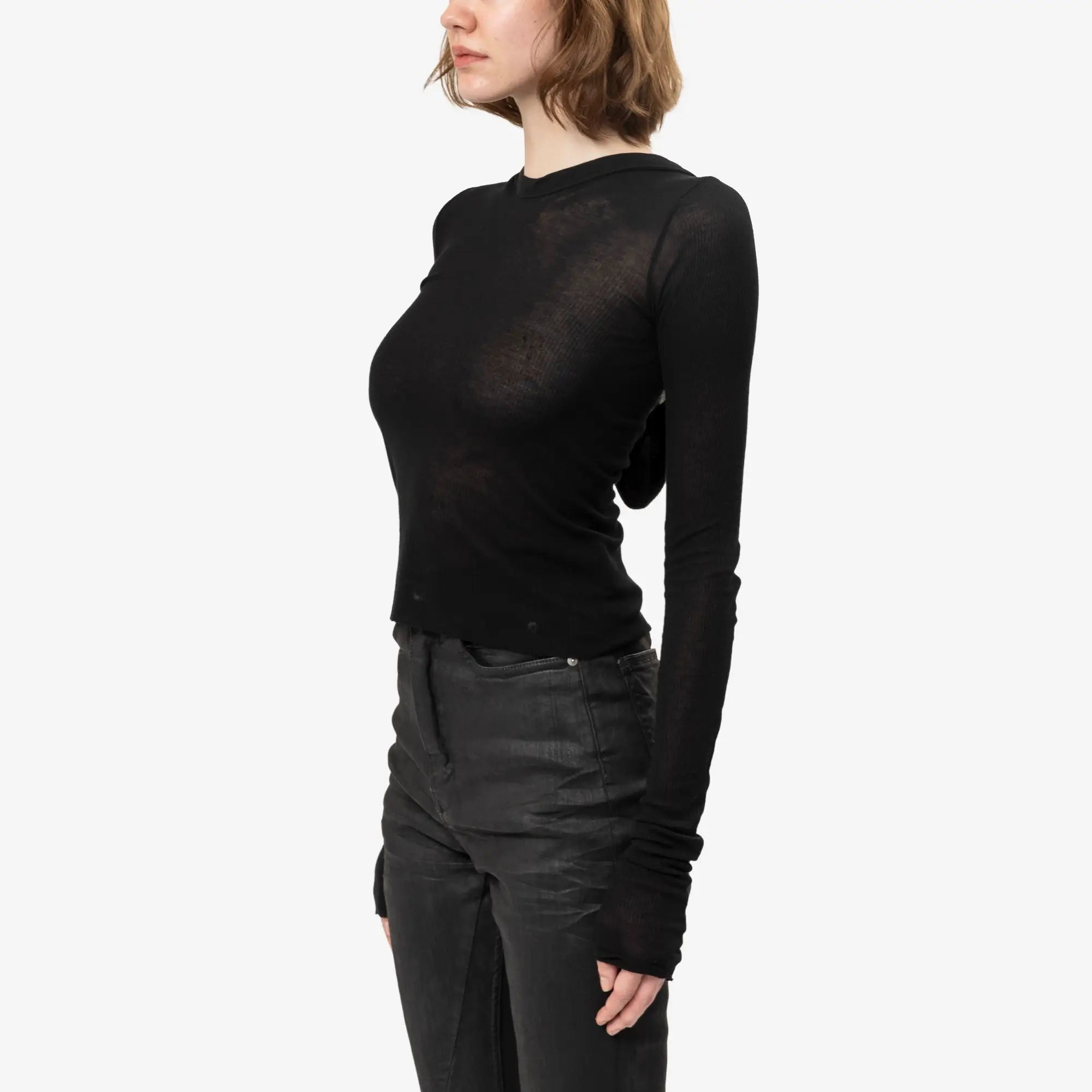 Rick Owens Womens Cropped Hooded Rib LS Tee Black - 3