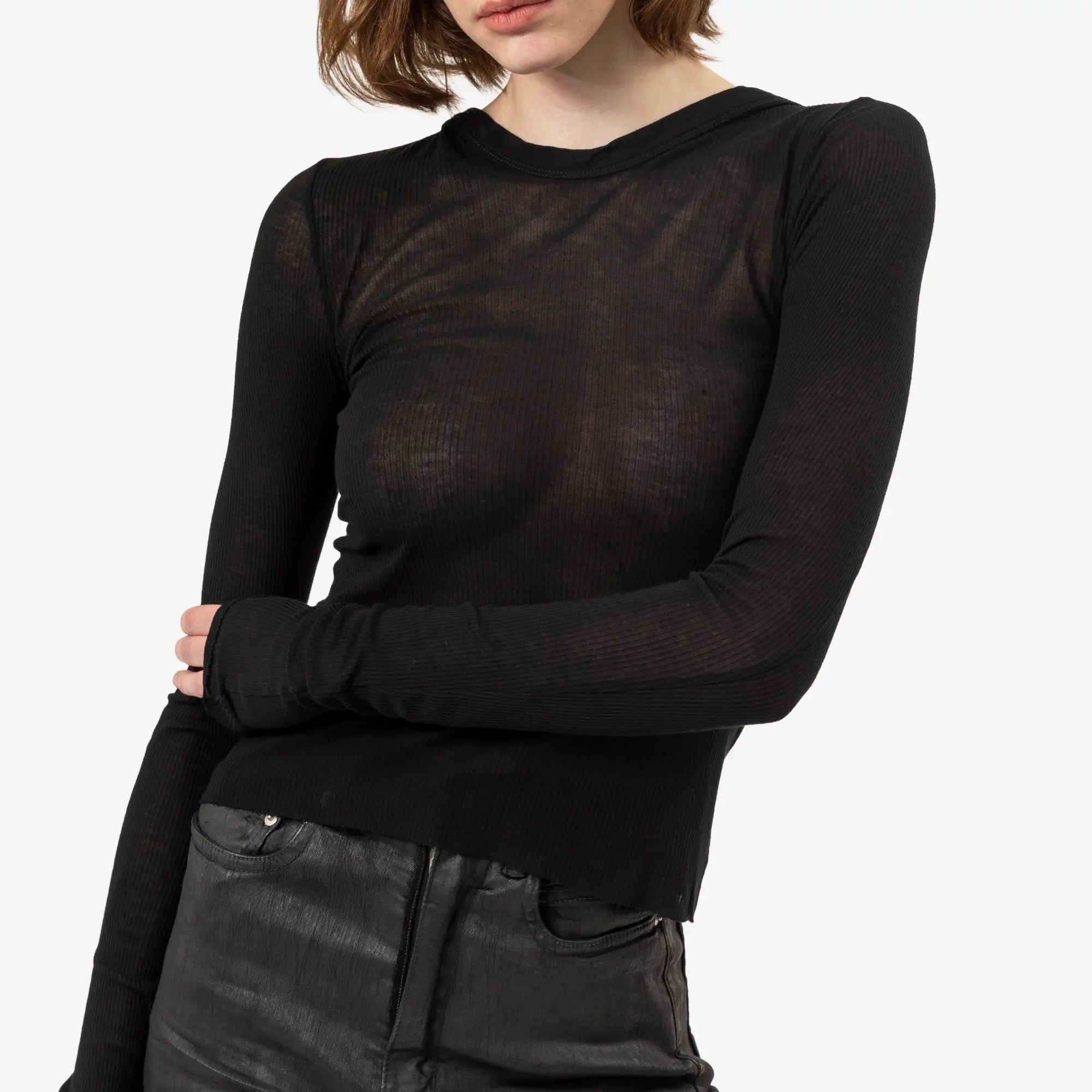 Rick Owens Womens Cropped Hooded Rib LS Tee Black - 5