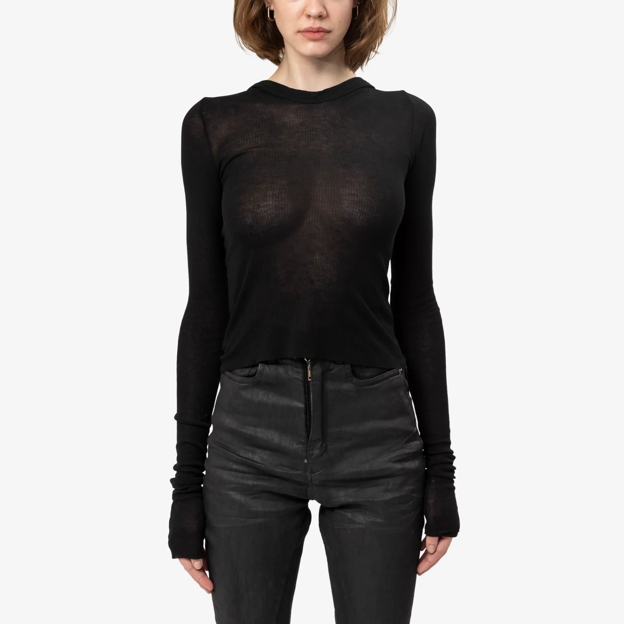 Rick Owens Womens Cropped Hooded Rib LS Tee Black - 1
