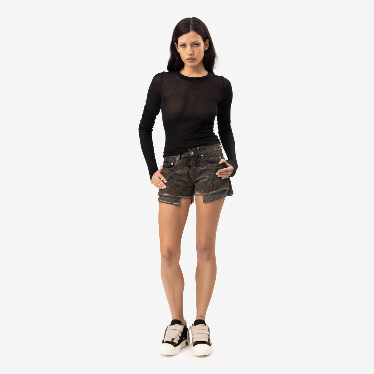 Rick Owens Womens Cropped Rib Long Sleeve T-Shirt Black-2