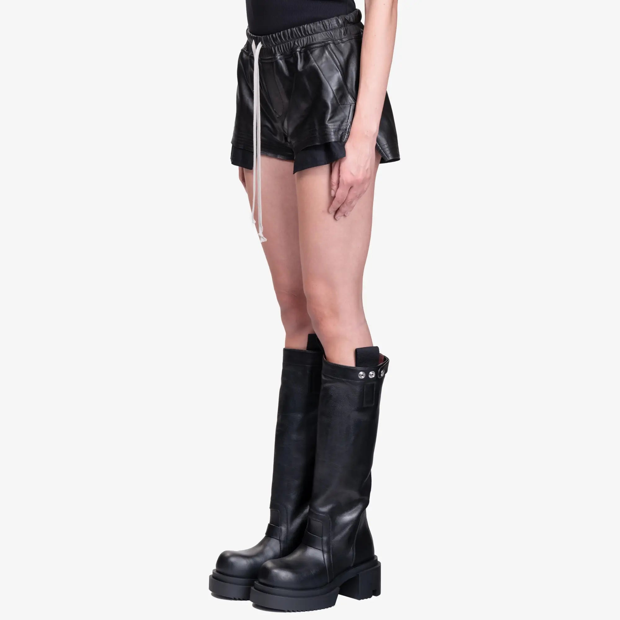 Rick Owens Womens Fog Boxers Leather Shorts Black - 3