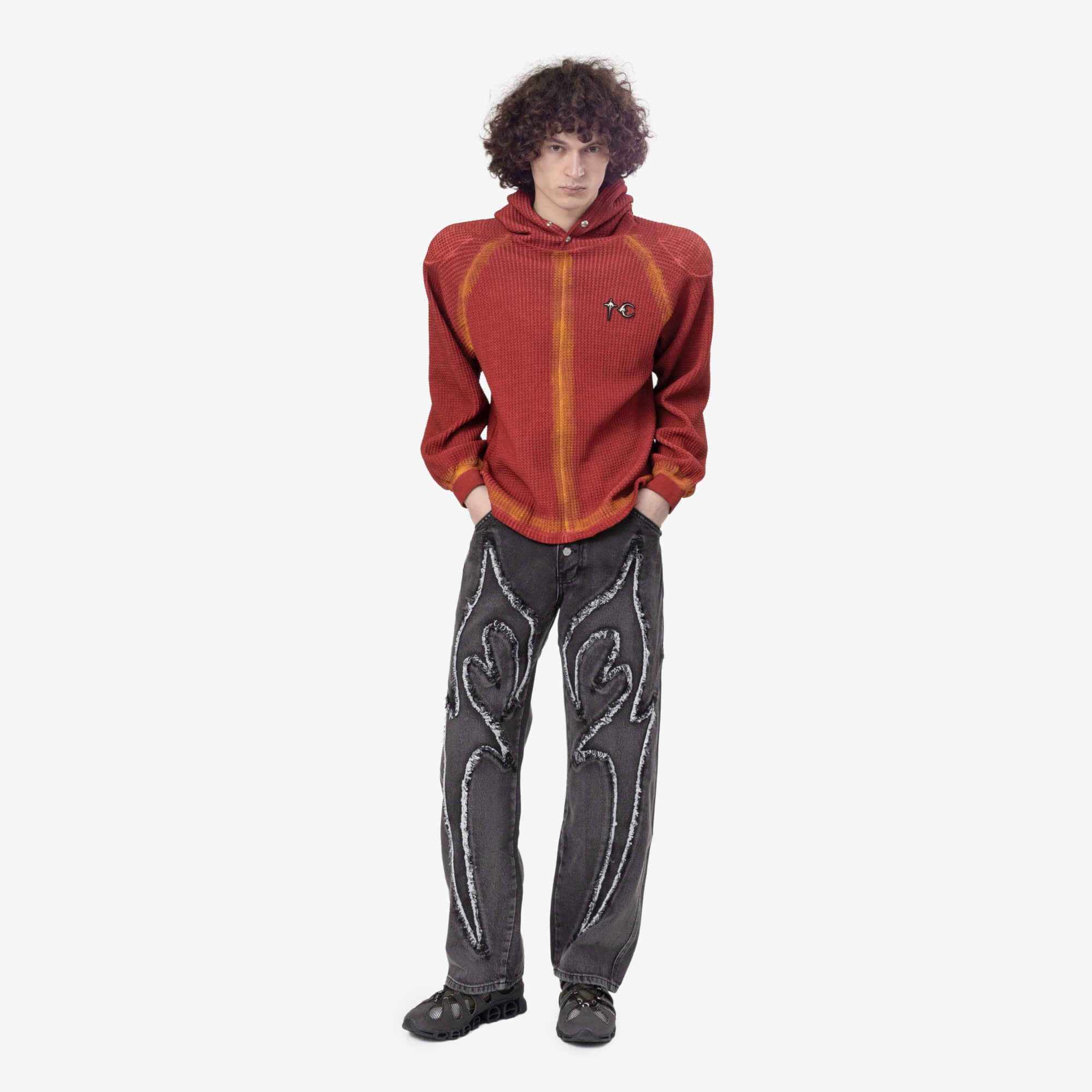 Thug Club Bulk Shoulder Painted Line Waffle Hoody Red/Yellow - 3