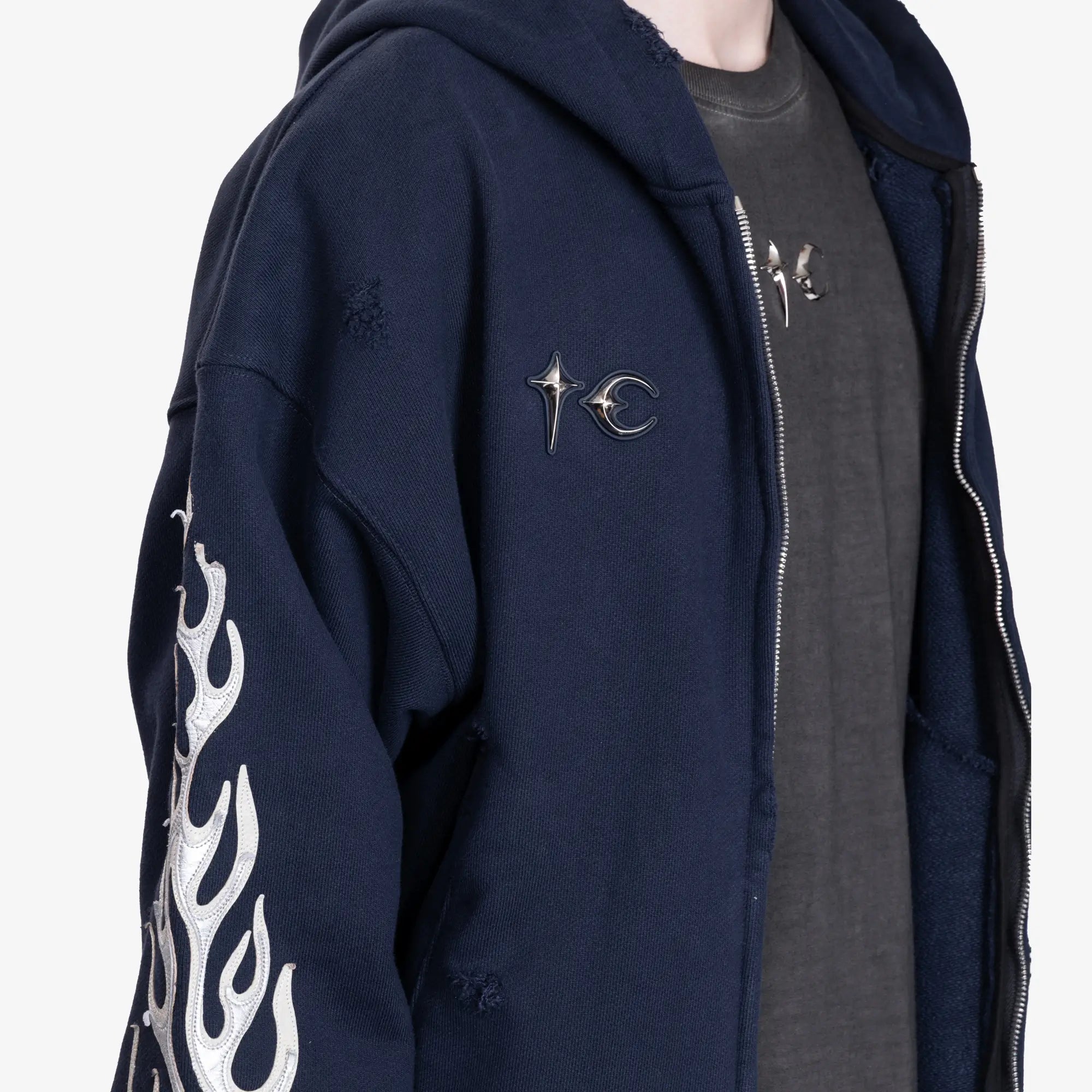 Thug Club Leather Flame Zip Hoody Navy - 5
