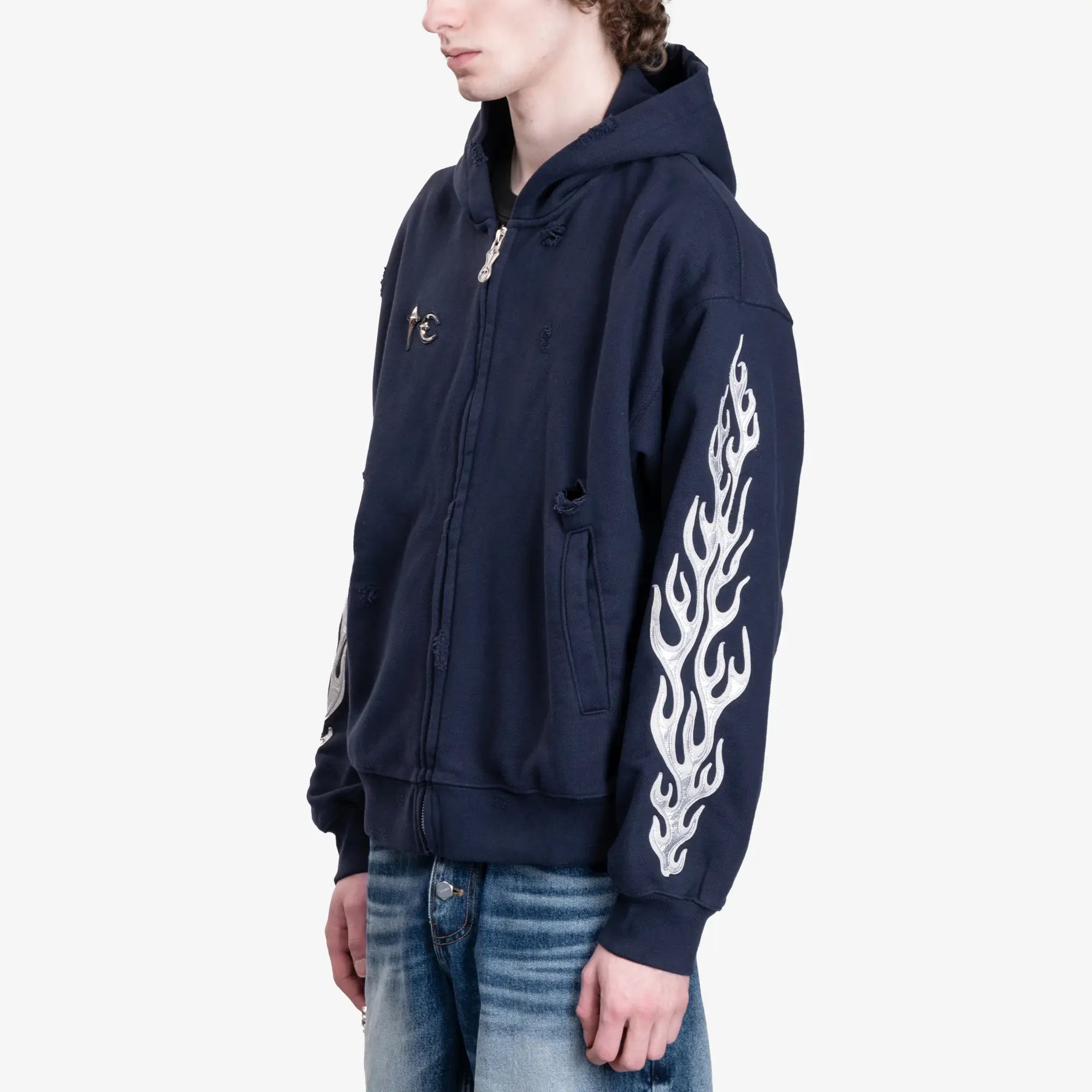 Thug Club Leather Flame Zip Hoody Navy - 3