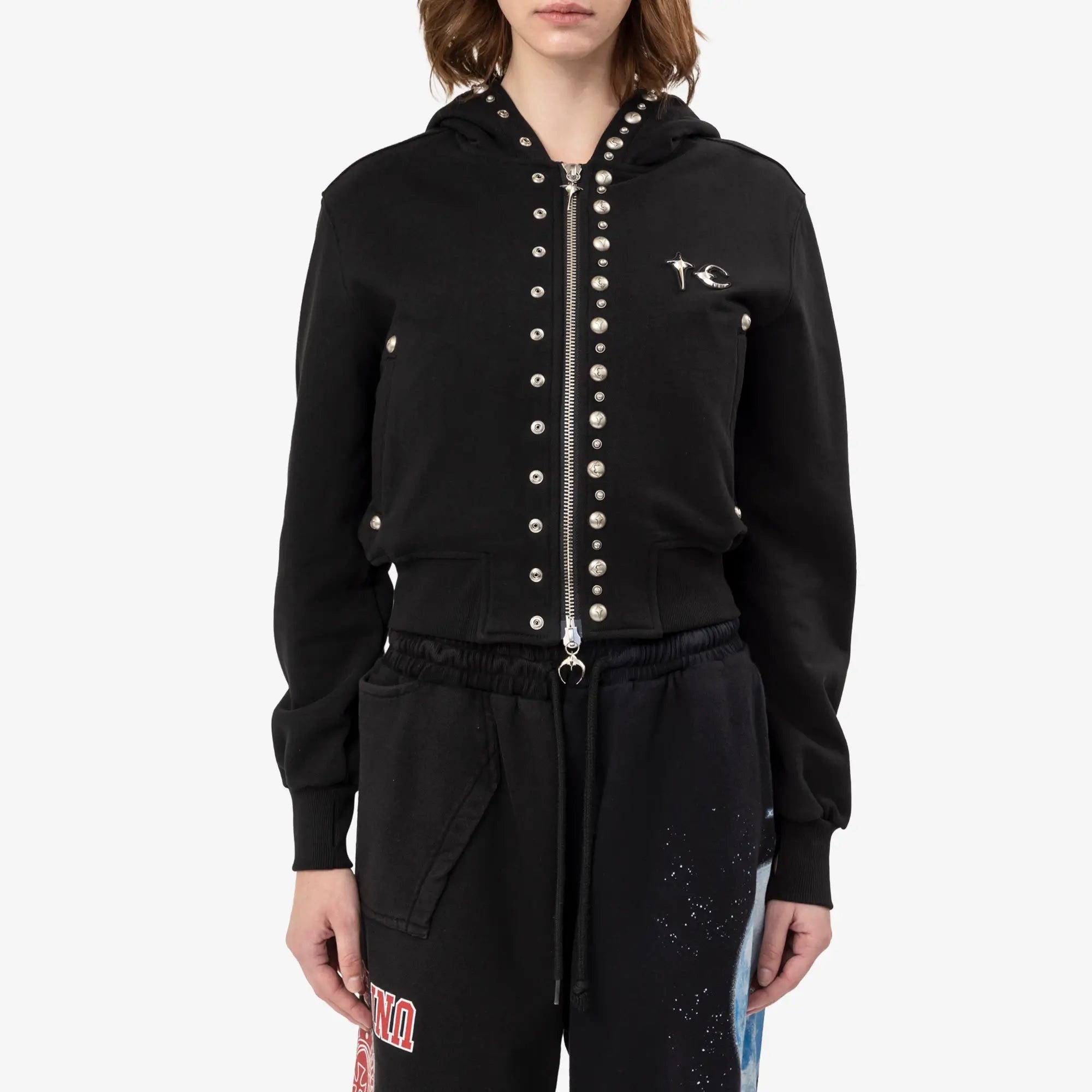 Thug Club Womens TC Studded Line Cropped Zip Hoody Black - 1