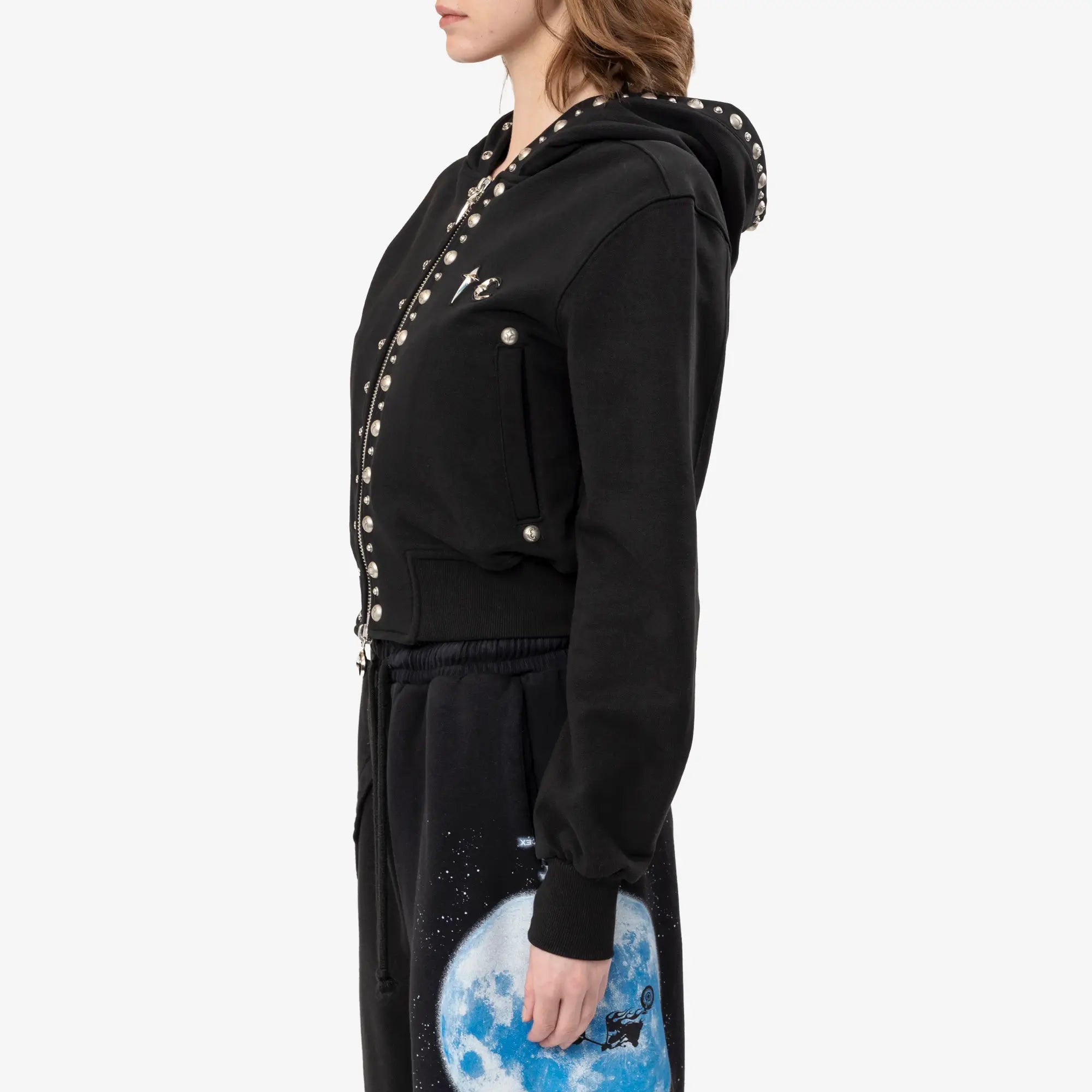 Thug Club Womens TC Studded Line Cropped Zip Hoody Black - 3