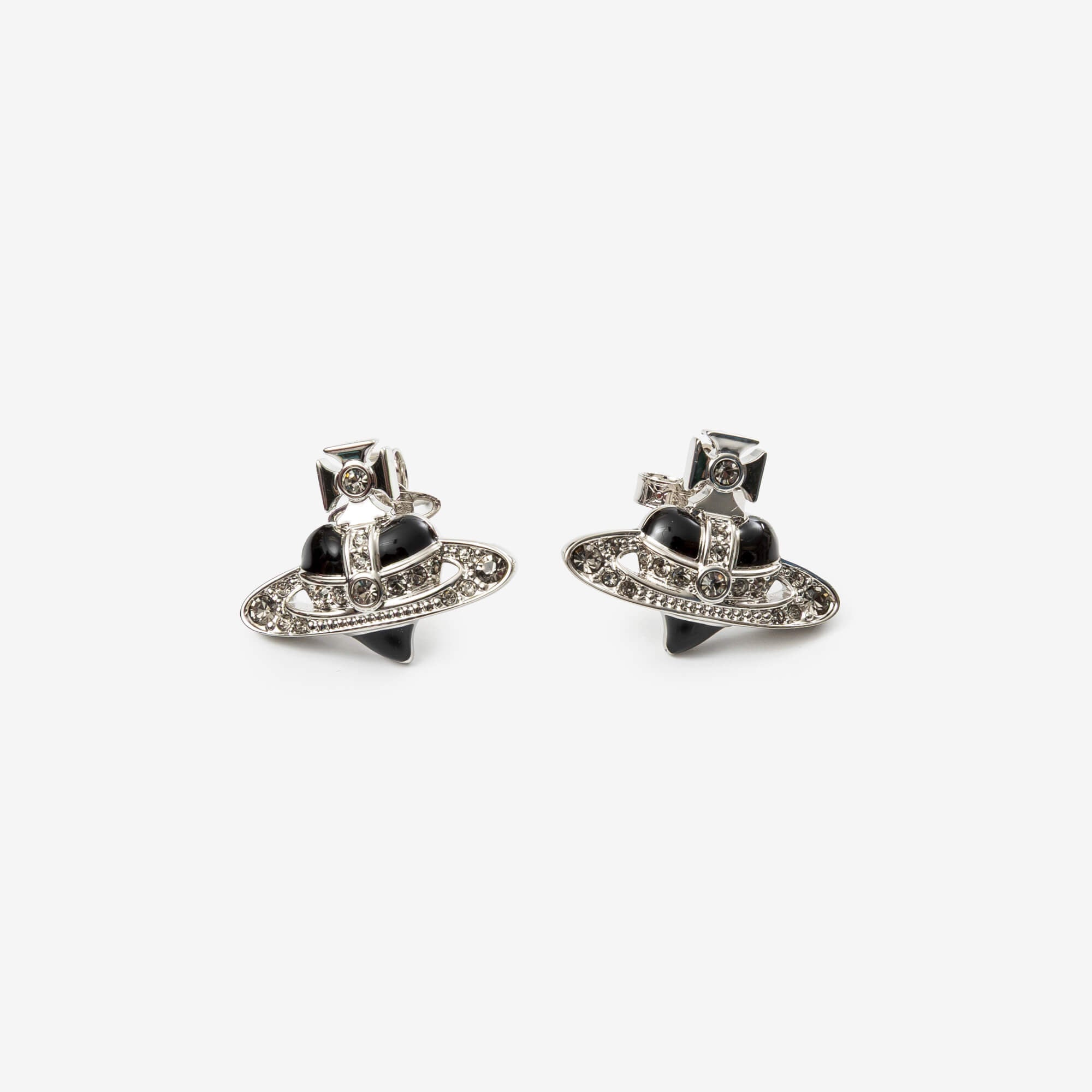 Vivienne Westwood New Diamante Heart Earrings Platinum/Black Diamond-1