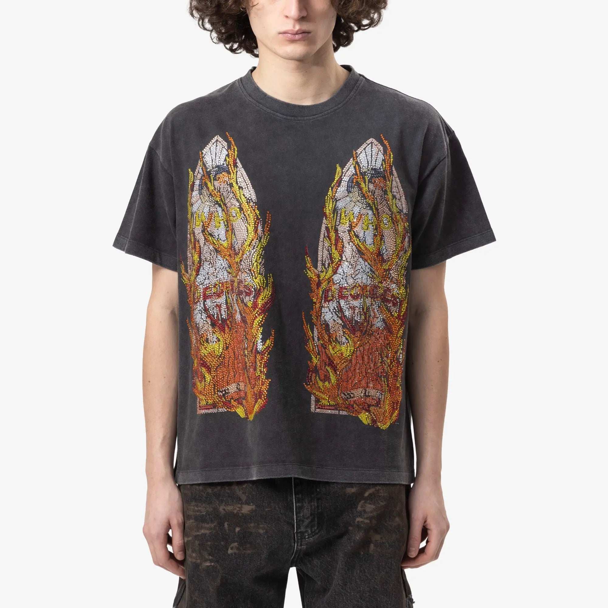 Who Decides War Rhinestone Flame Glass T-Shirt Coal - 1