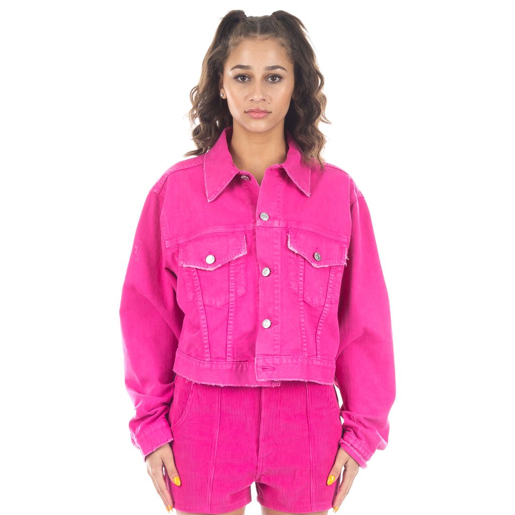 Adaptation Womens Distressed Cropped Jean Jacket Hot Pink - 1