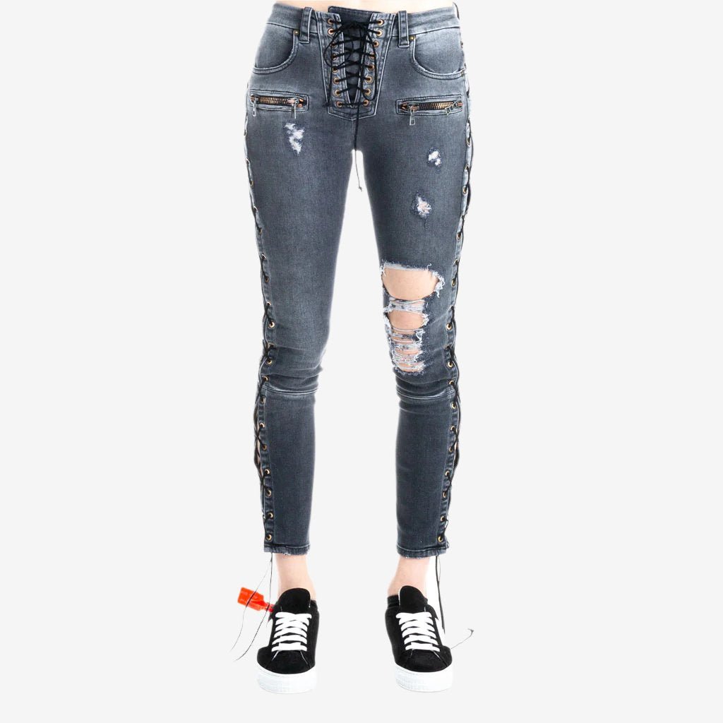 Unravel Womens Side Lace Up Denim Jeans Black - 1