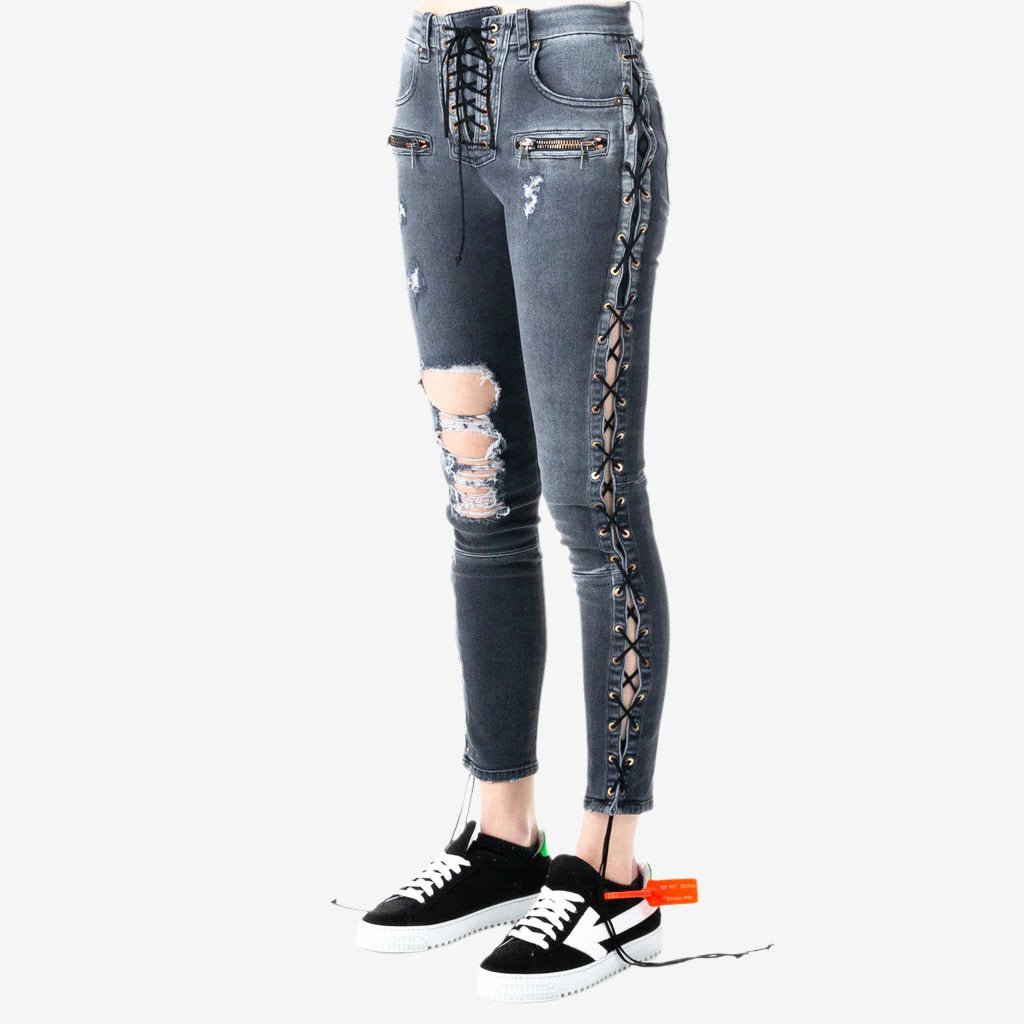 Unravel Womens Side Lace Up Denim Jeans Black - 2