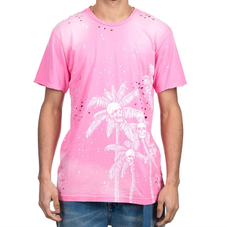 Dom Rebel Skull Palms Paint Splatter T-Shirt Pink - 1