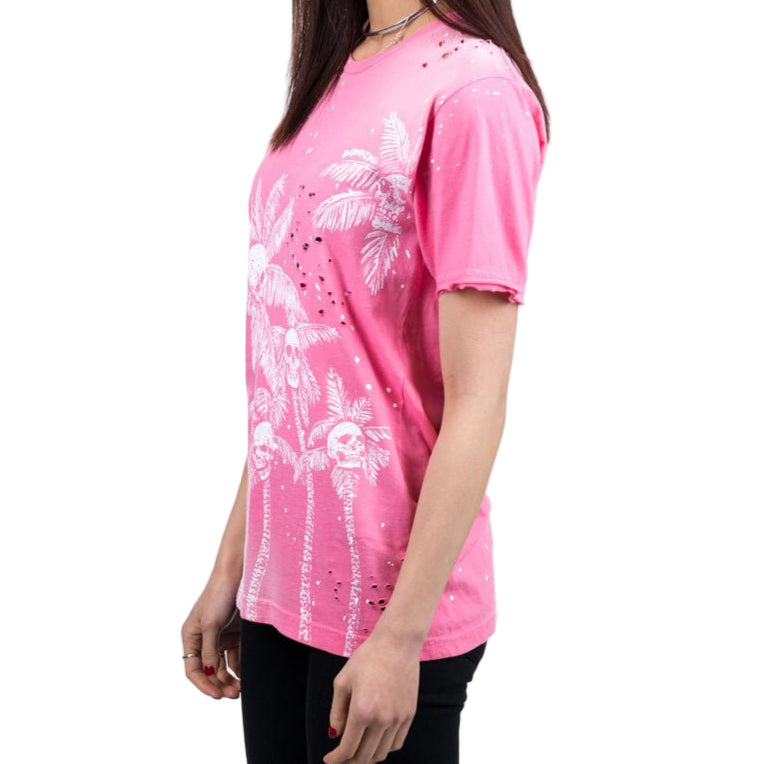 Dom Rebel Skull Palms Paint Splatter T-Shirt Pink - 4