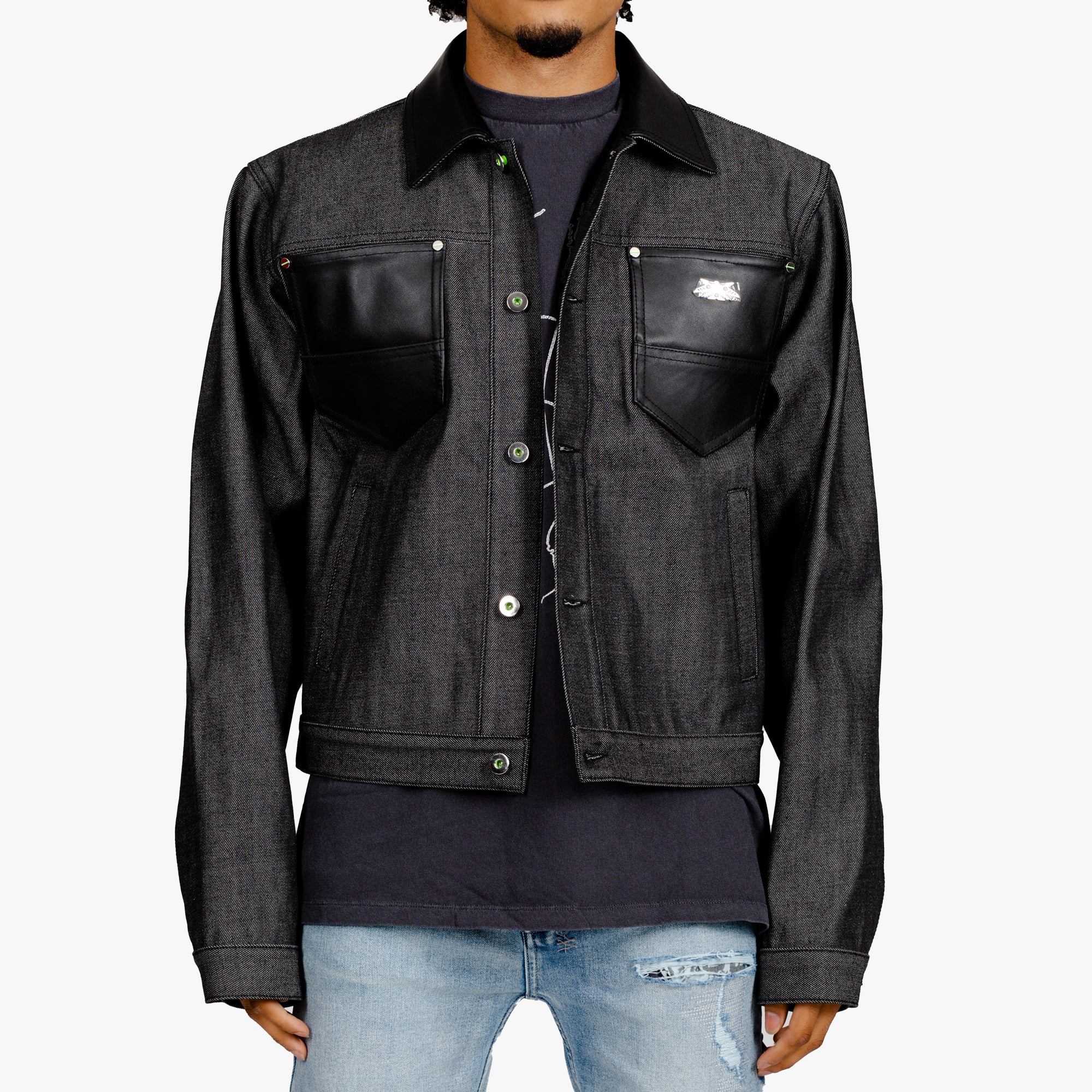 Sankuanz Leather Trim Denim Jacket Black - 1