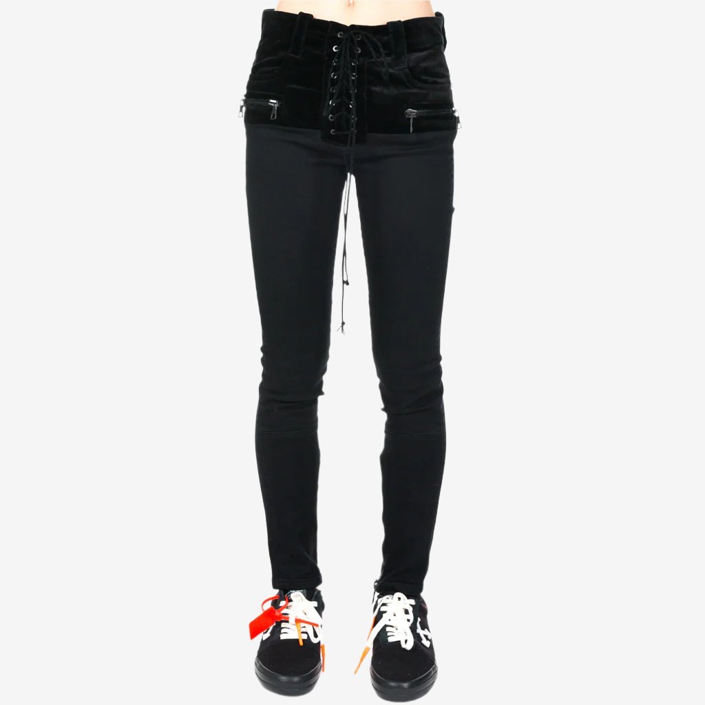 Unravel Womens Stone Denim Velvet Lace Up Jeans Black - 1