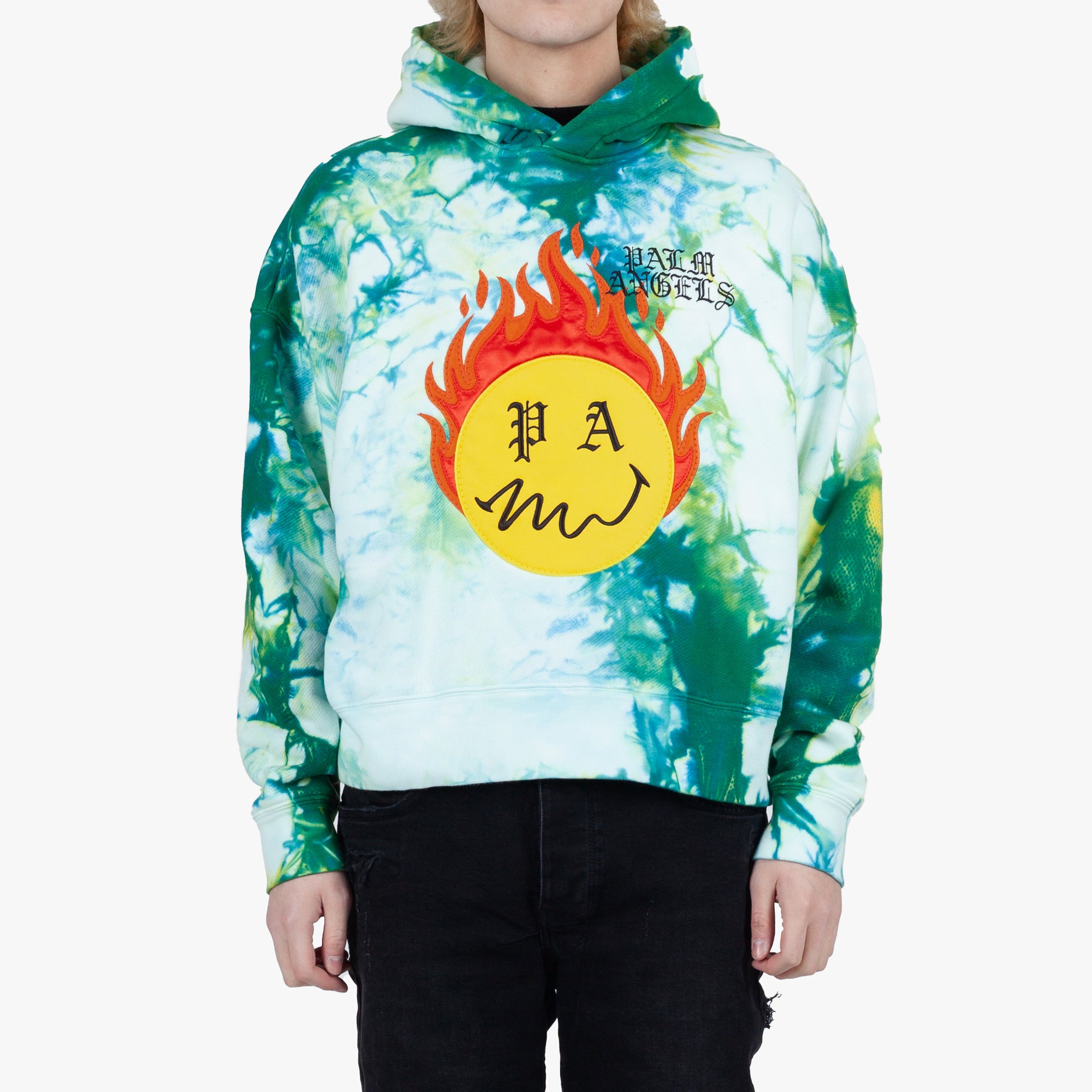 Palm Angels Tie Dye Burning Head Hoodie Forest Green - 1