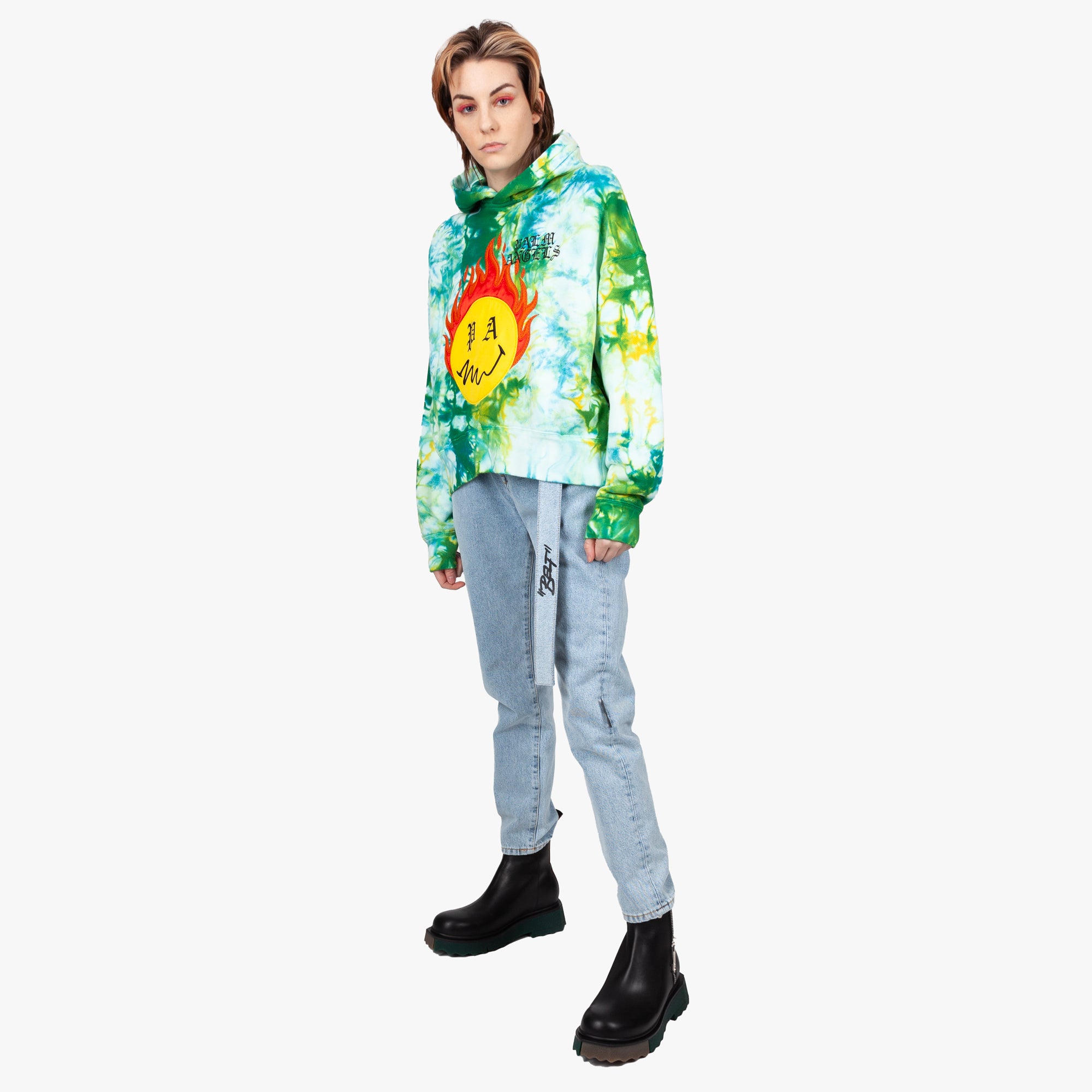 Palm Angels Tie Dye Burning Head Hoodie Forest Green - 5