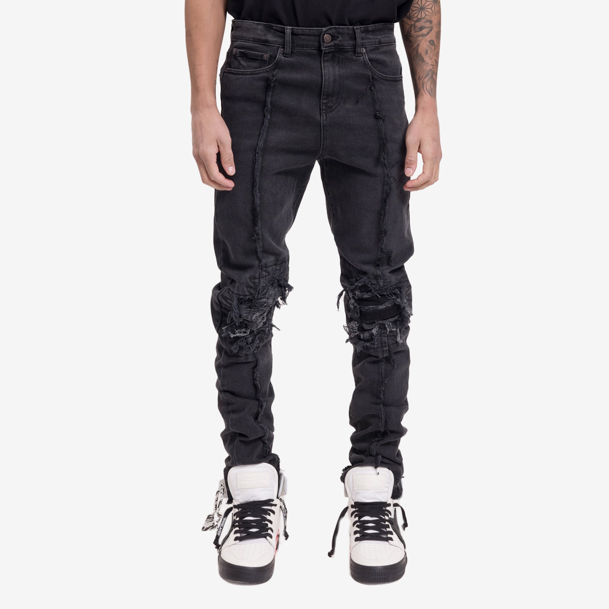 Val Kristopher Shredded Knee Black Denim Faded Black - 1