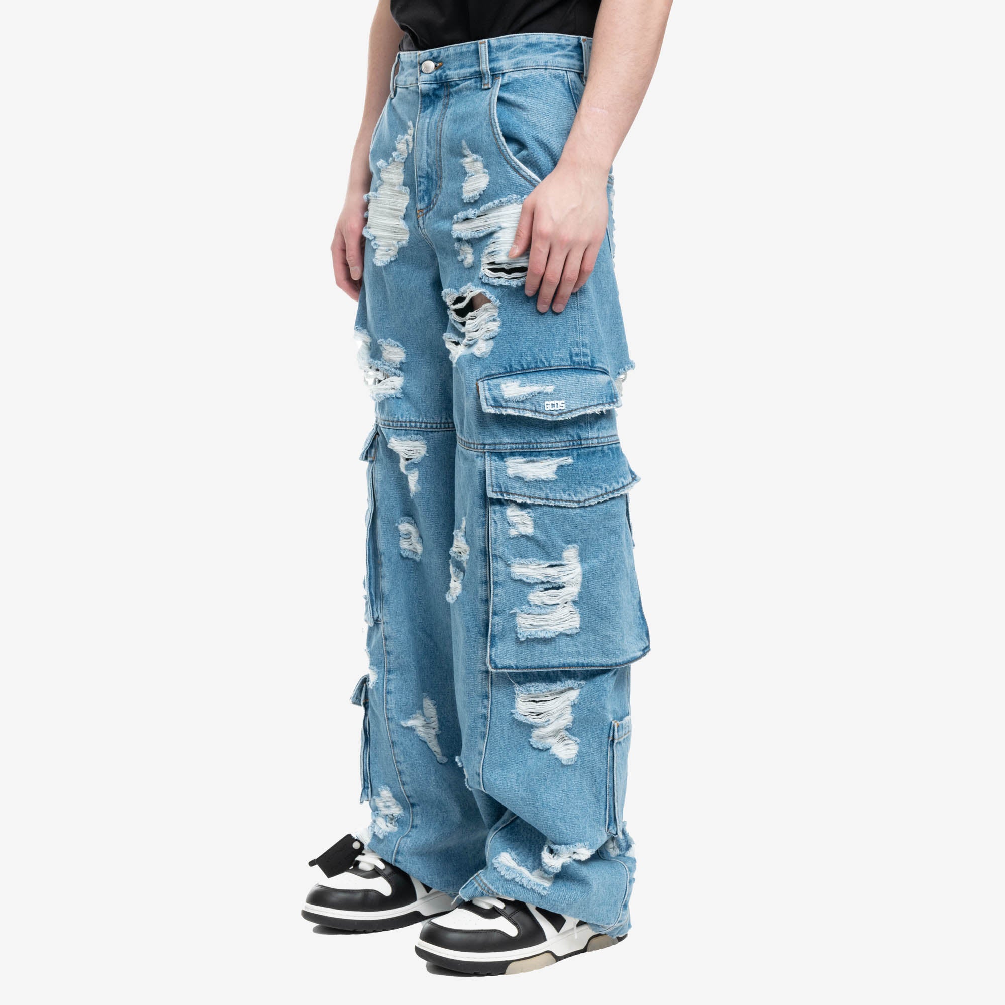 GCDS Ripped Ultracargo Denim Trousers Light Blue - 3