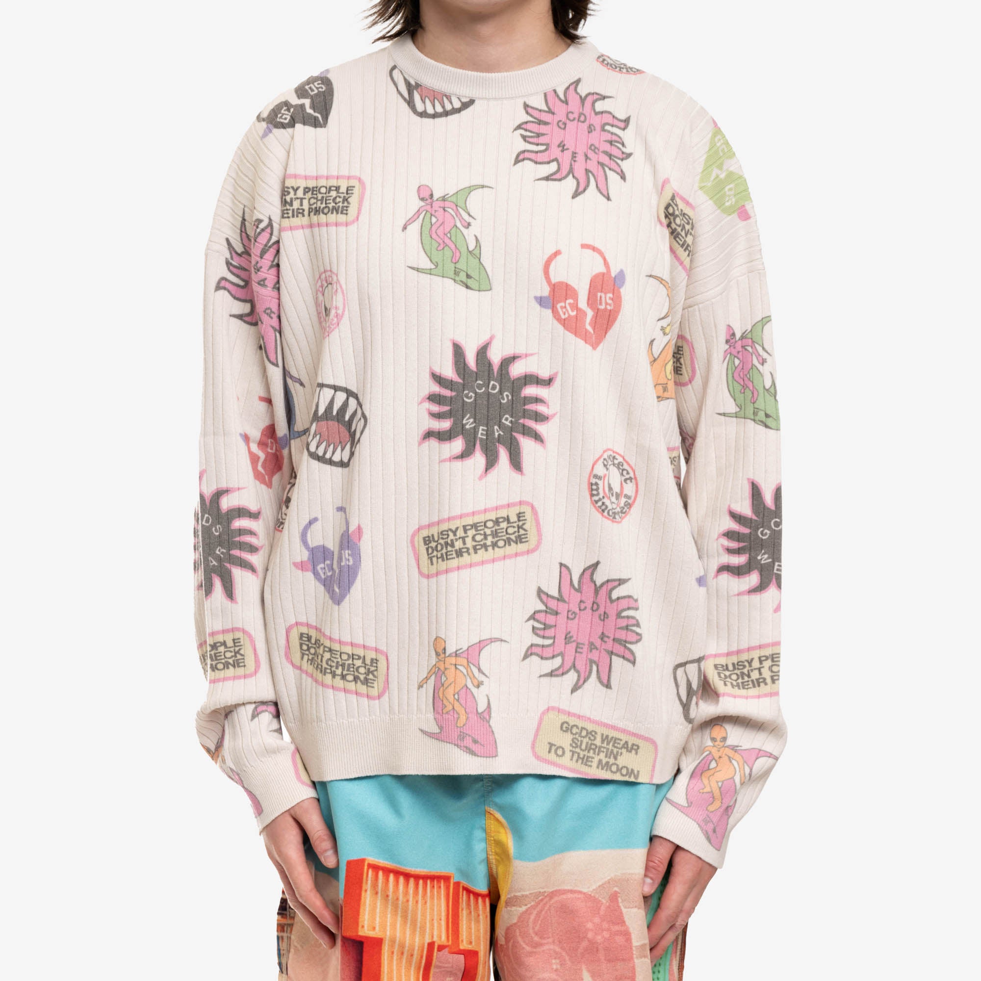 GCDS Surfing Weirdo Sweater Off White - 1