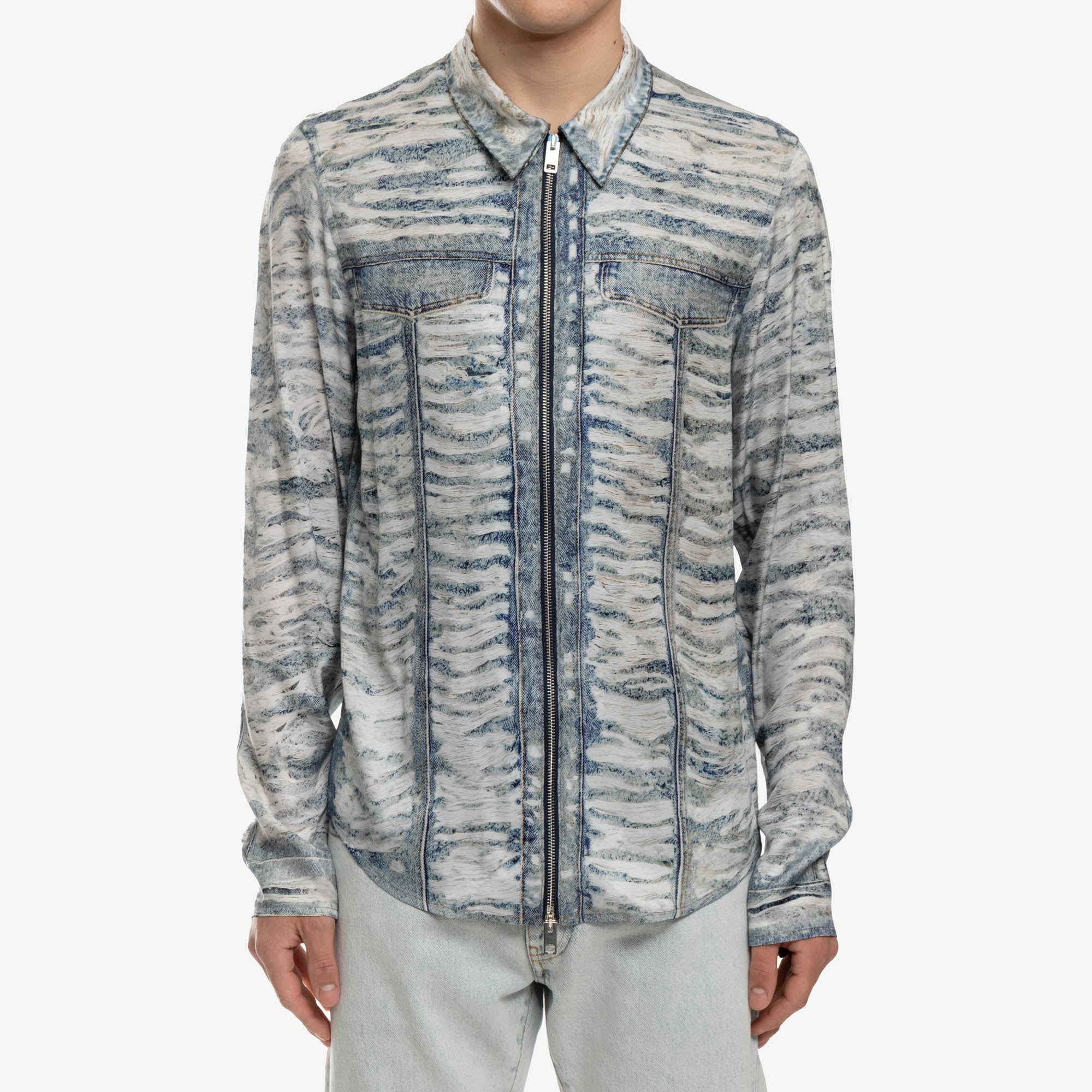 DIESEL Distressed Zip Up Denim Shirt Blue - 1