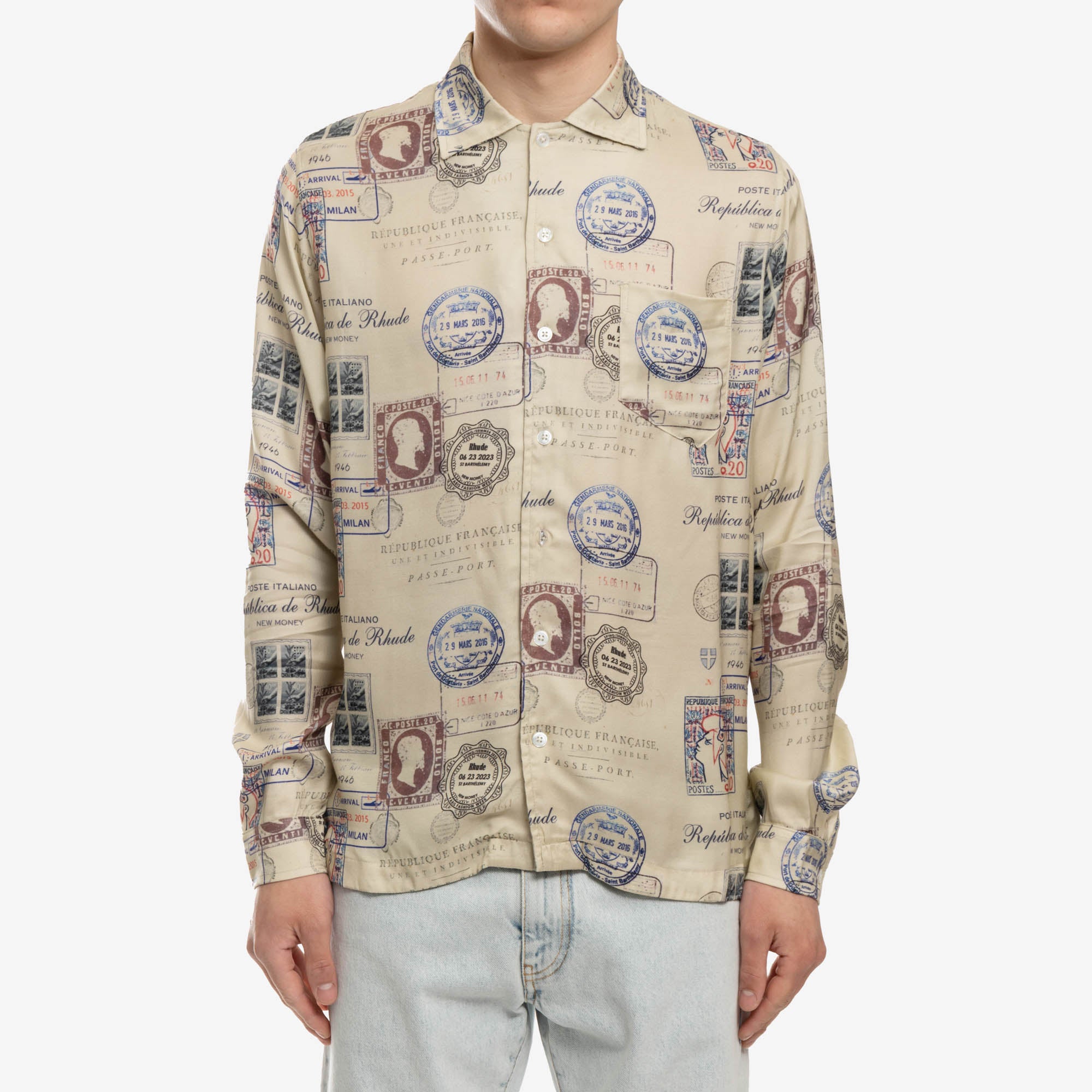 Rhude Passport Stamp Print Shirt Beige - 1